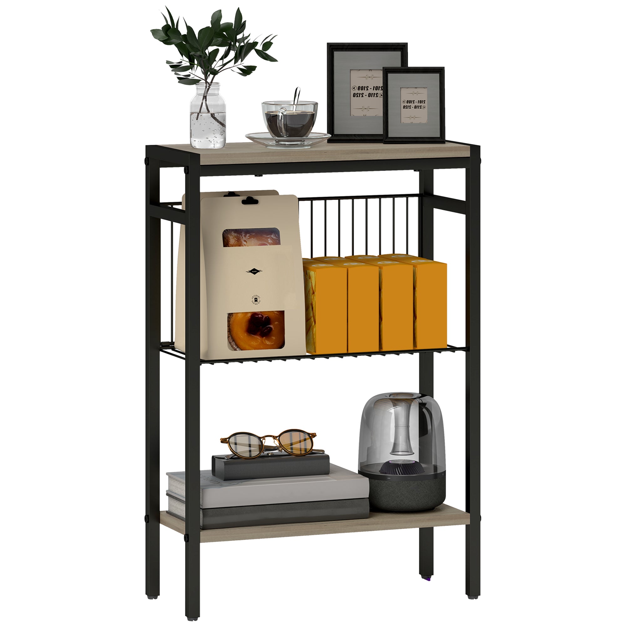 Narrow 3-Level Side Table Industrial Side Table with Open Shelves and Steel Structure for Living Room Bedroom 43x18x62.5 cm Gray