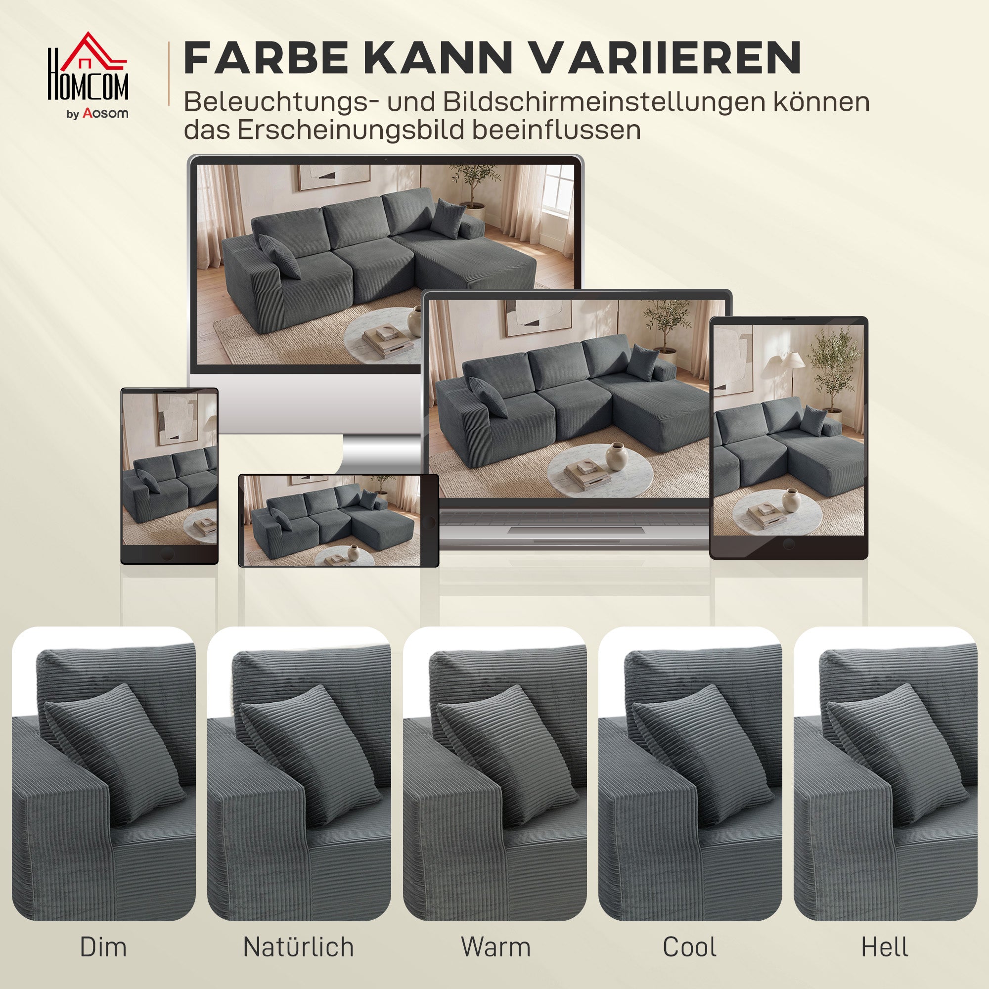 Corner Sofa with Sleeper Function, L-Shaped 267 cm Deep-Seat 3-Seater 2-in-1 Sectional with Cushions, Corduroy-Look, Dark Gray