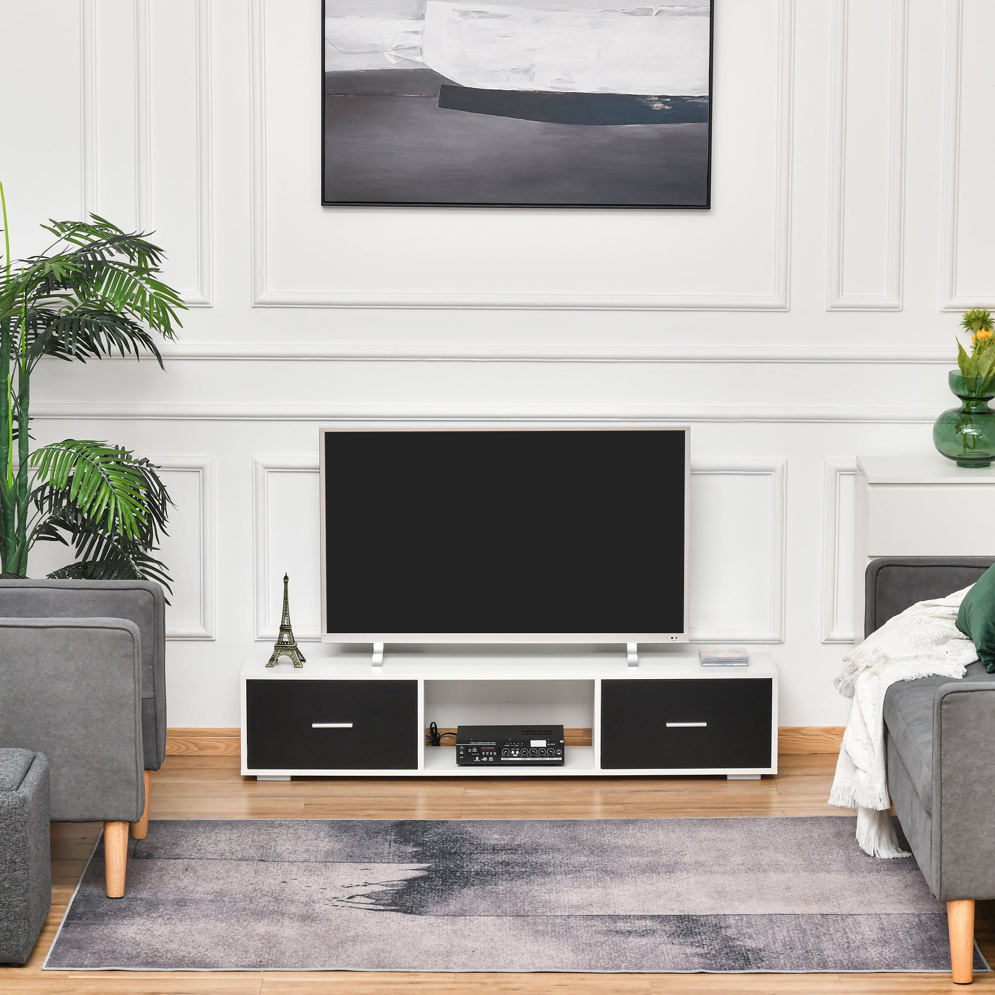 TV Stand for TVs up to 60" Modern Style Living Room TV Table with 2 Drawers and Open Compartment 140x30x32 cm White and Black