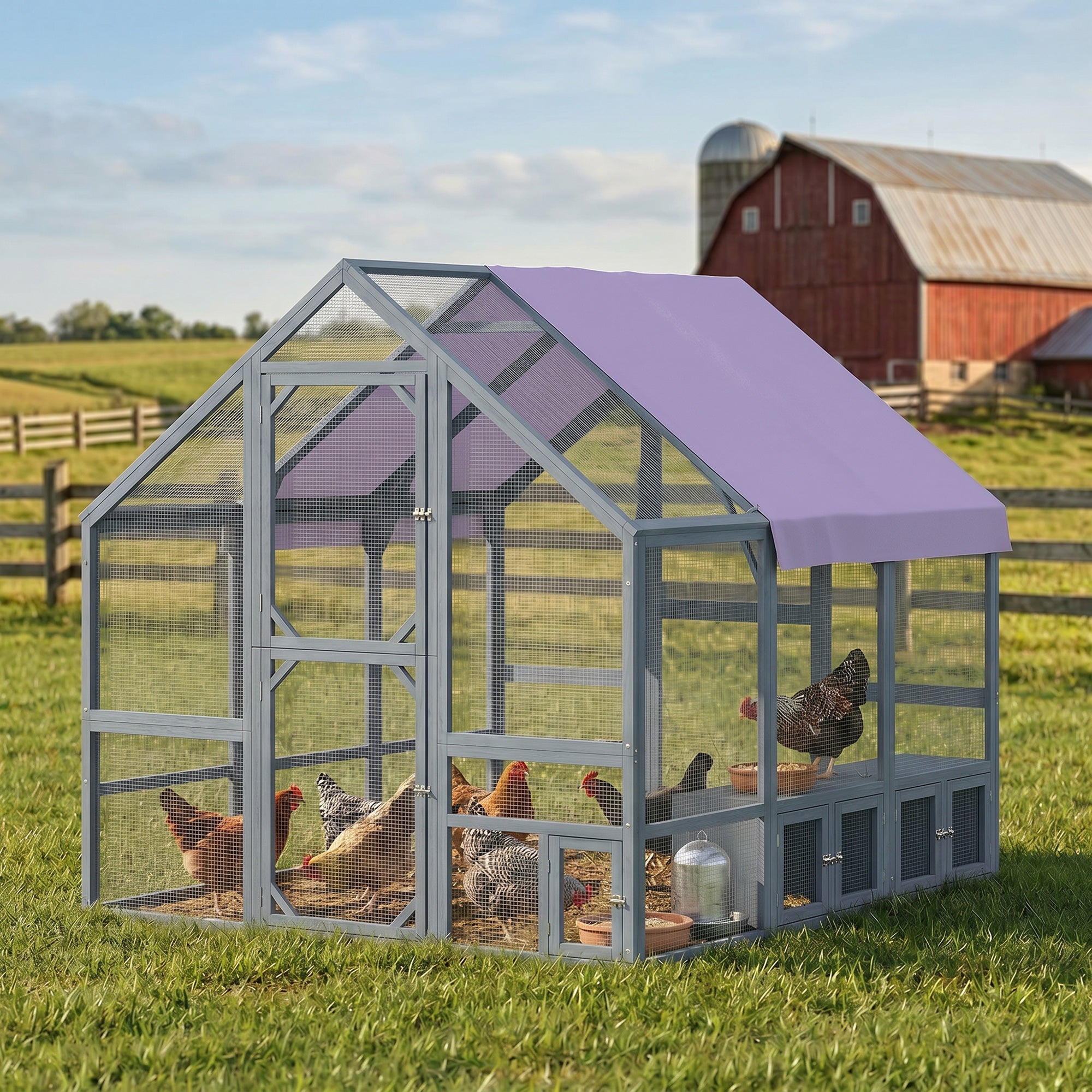 Walk-In Chicken Run — approx. 43 sq ft (4 m²), Weatherproof Cover, 2 Nest Boxes & 2 Perches, Safety Lock — Fits 8–10 Hens, Dark Gray