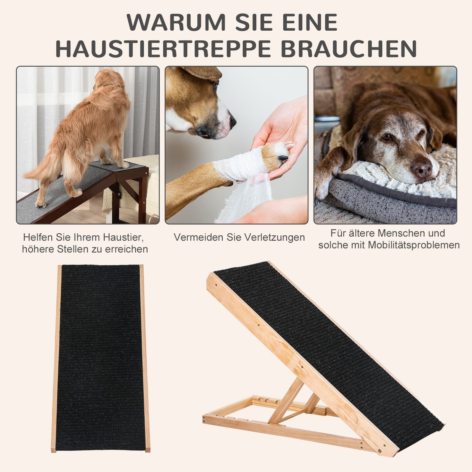 Pet Ramp with Non-Slip Carpet Adjustable Pet Staircase Dog Ramp for Large Dog Pine Wood Polyester Black+Natural Wood 90W x 40D x 61H cm