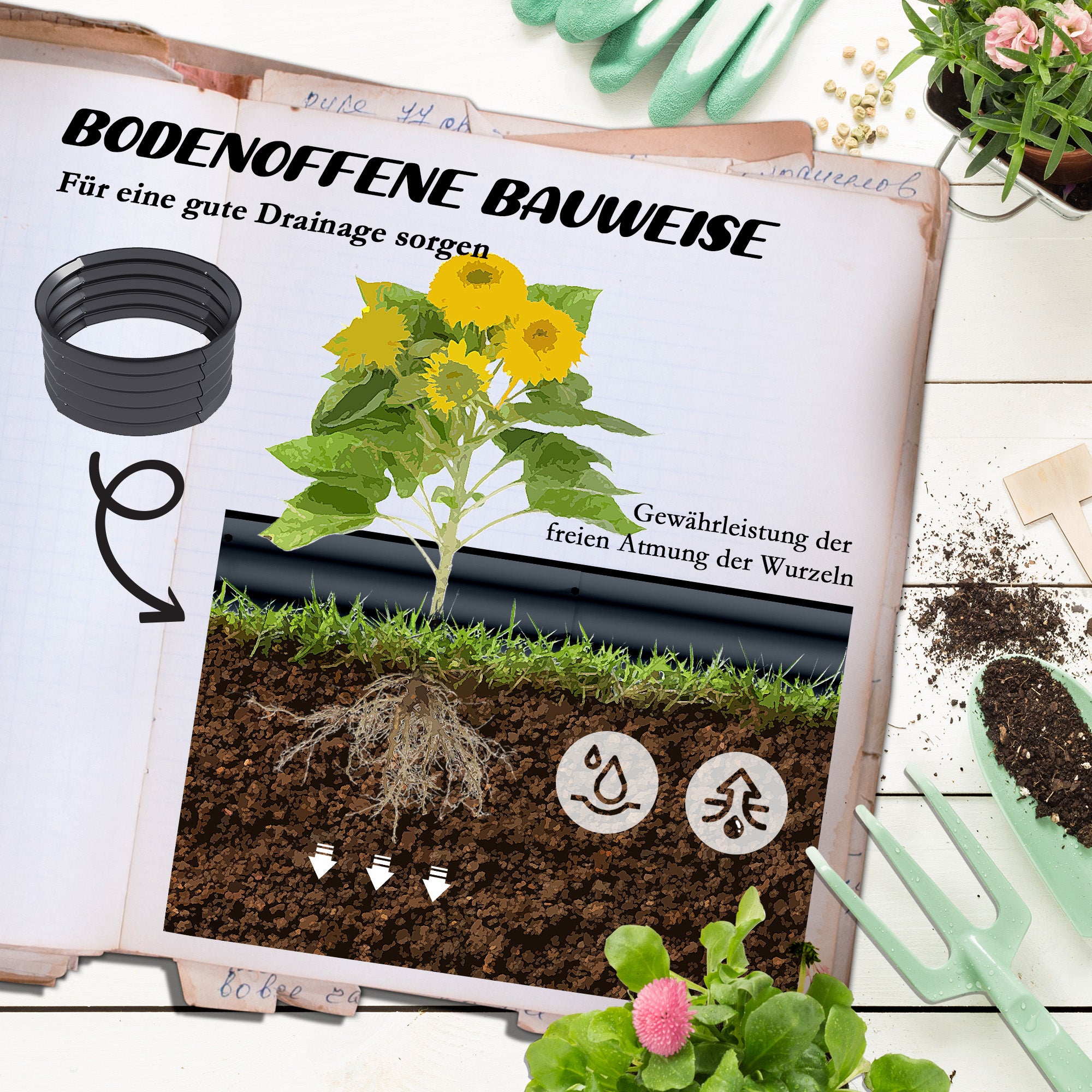 2-Piece Raised Bed Set Made of Steel, Planting Bed Greenhouse Garden Bed Planter Box Stackable, Vegetable Bed Ø60x30cm for Garden Balcony, Flower Planter for Flowers, Plants, Vegetables