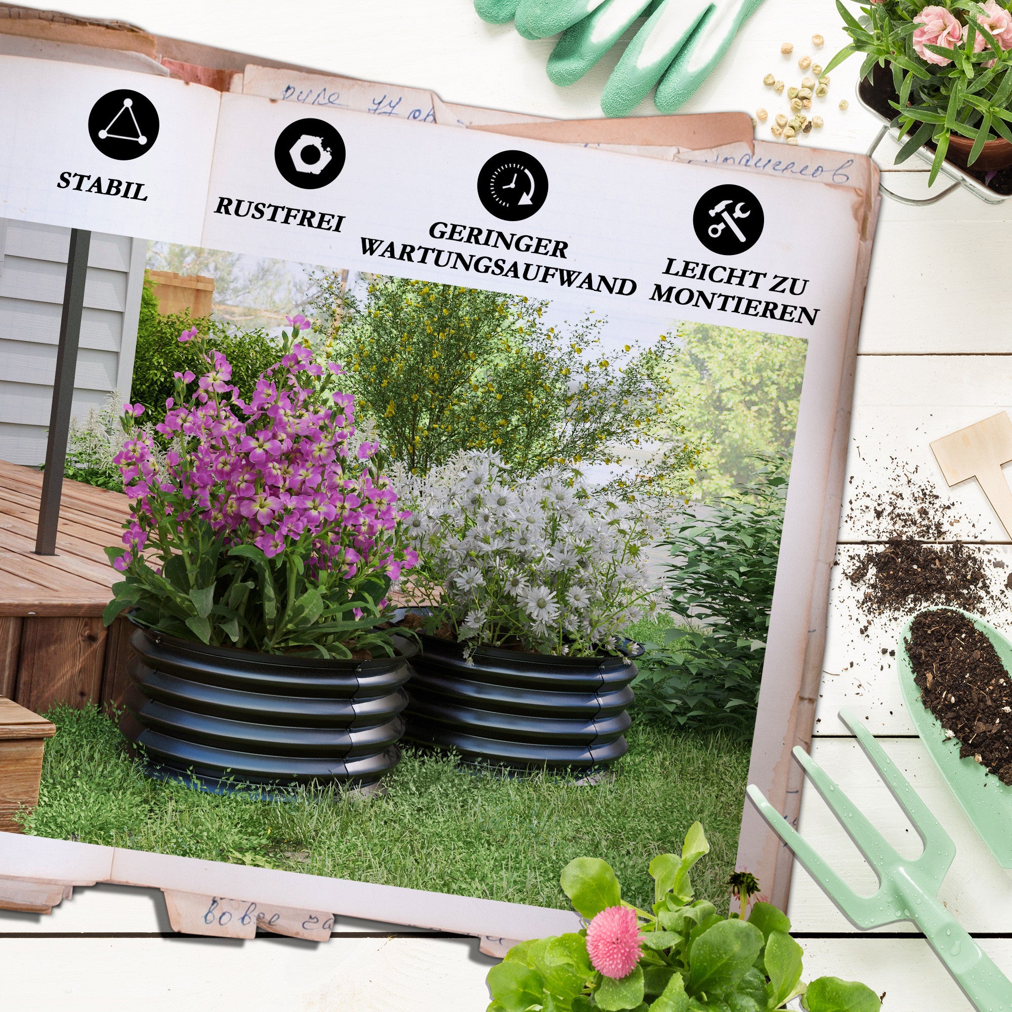 2-Piece Raised Bed Set Made of Steel, Planting Bed Greenhouse Garden Bed Planter Box Stackable, Vegetable Bed Ø60x30cm for Garden Balcony, Flower Planter for Flowers, Plants, Vegetables