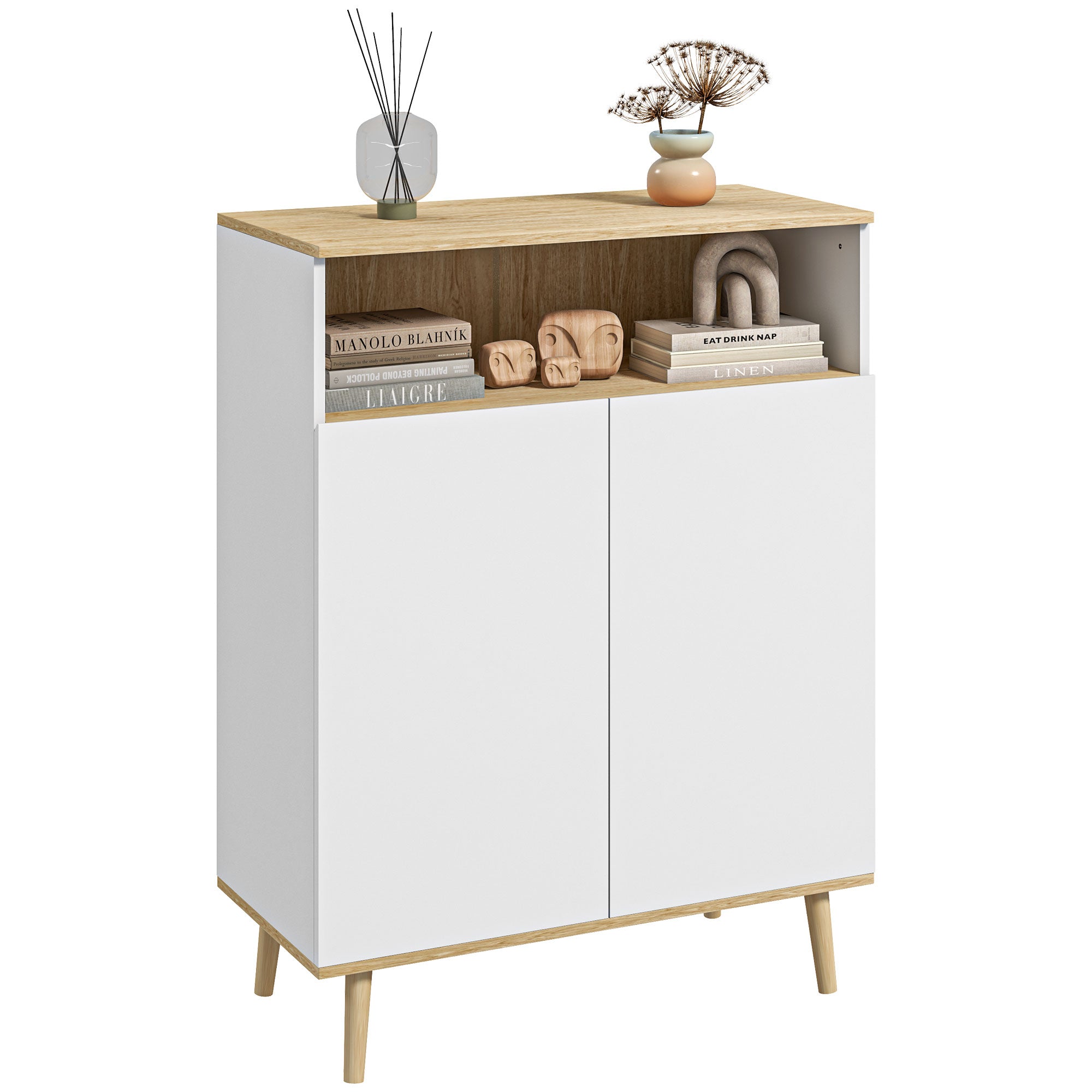 Storage Cabinet, Kitchen Buffet, with Adjustable Shelf, 2-Door Cupboard, 80 x 38 x 102 cm, Scandinavian Design, Solid Wood Legs, White and Wood Tone Finish