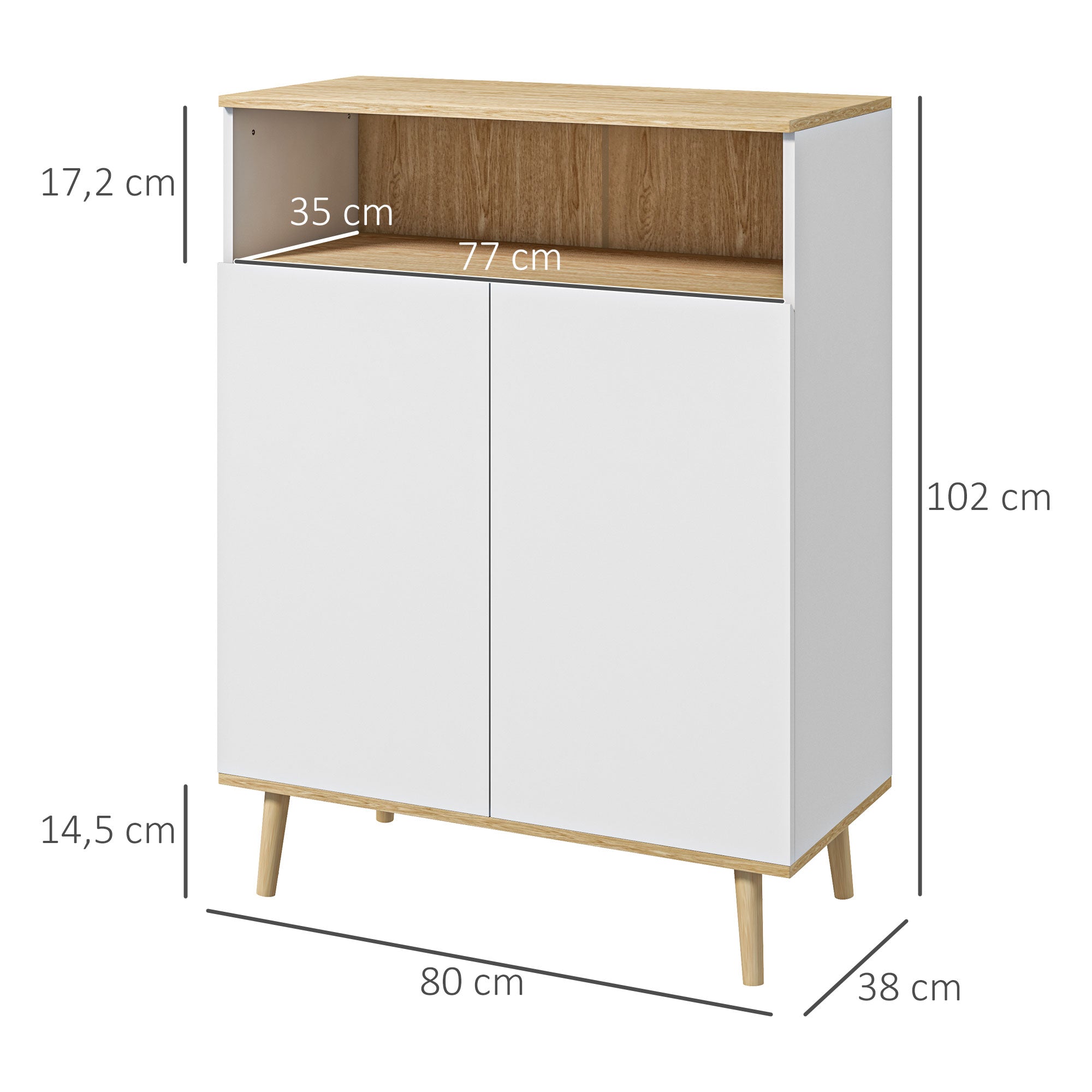 Storage Cabinet, Kitchen Buffet, with Adjustable Shelf, 2-Door Cupboard, 80 x 38 x 102 cm, Scandinavian Design, Solid Wood Legs, White and Wood Tone Finish
