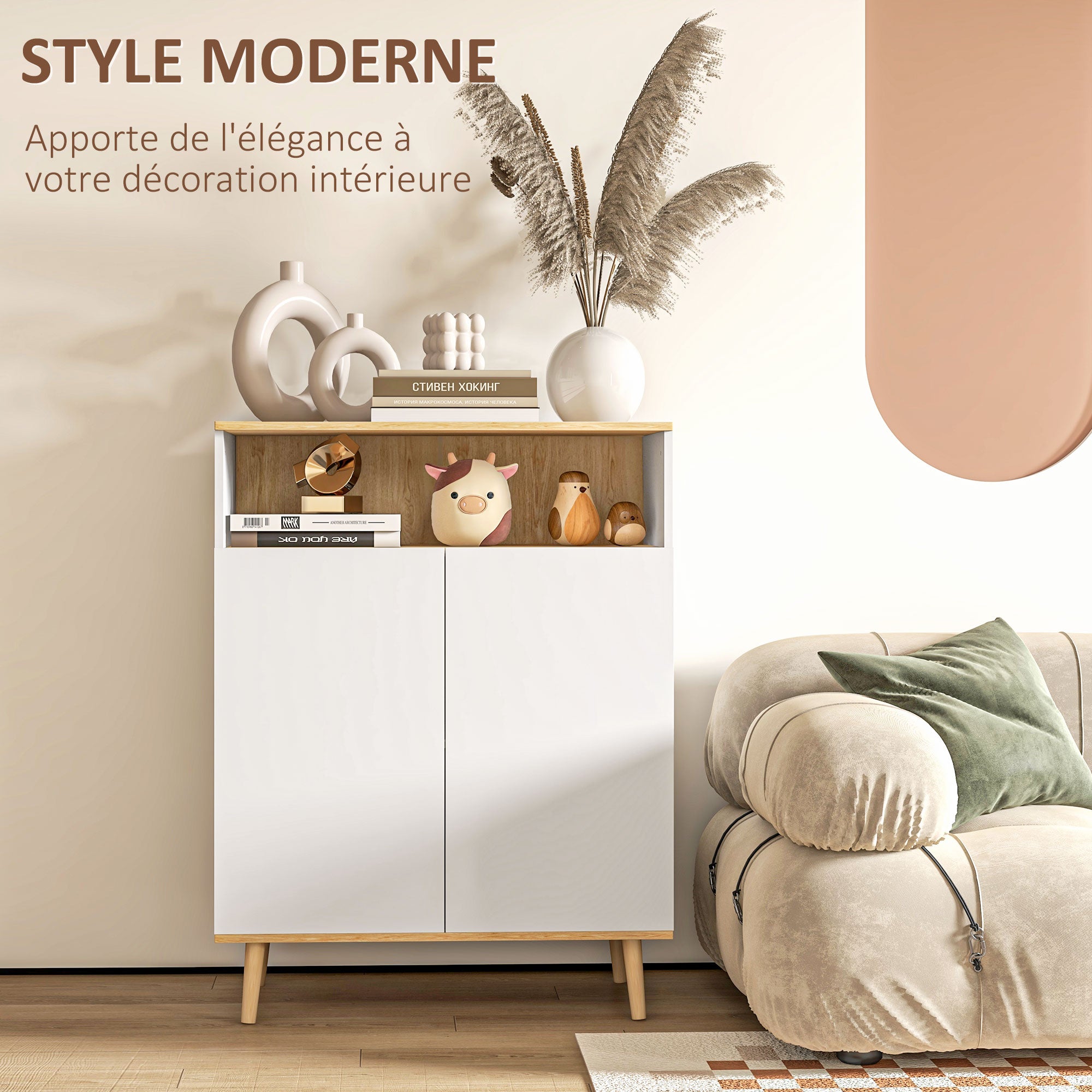 Storage Cabinet, Kitchen Buffet, with Adjustable Shelf, 2-Door Cupboard, 80 x 38 x 102 cm, Scandinavian Design, Solid Wood Legs, White and Wood Tone Finish