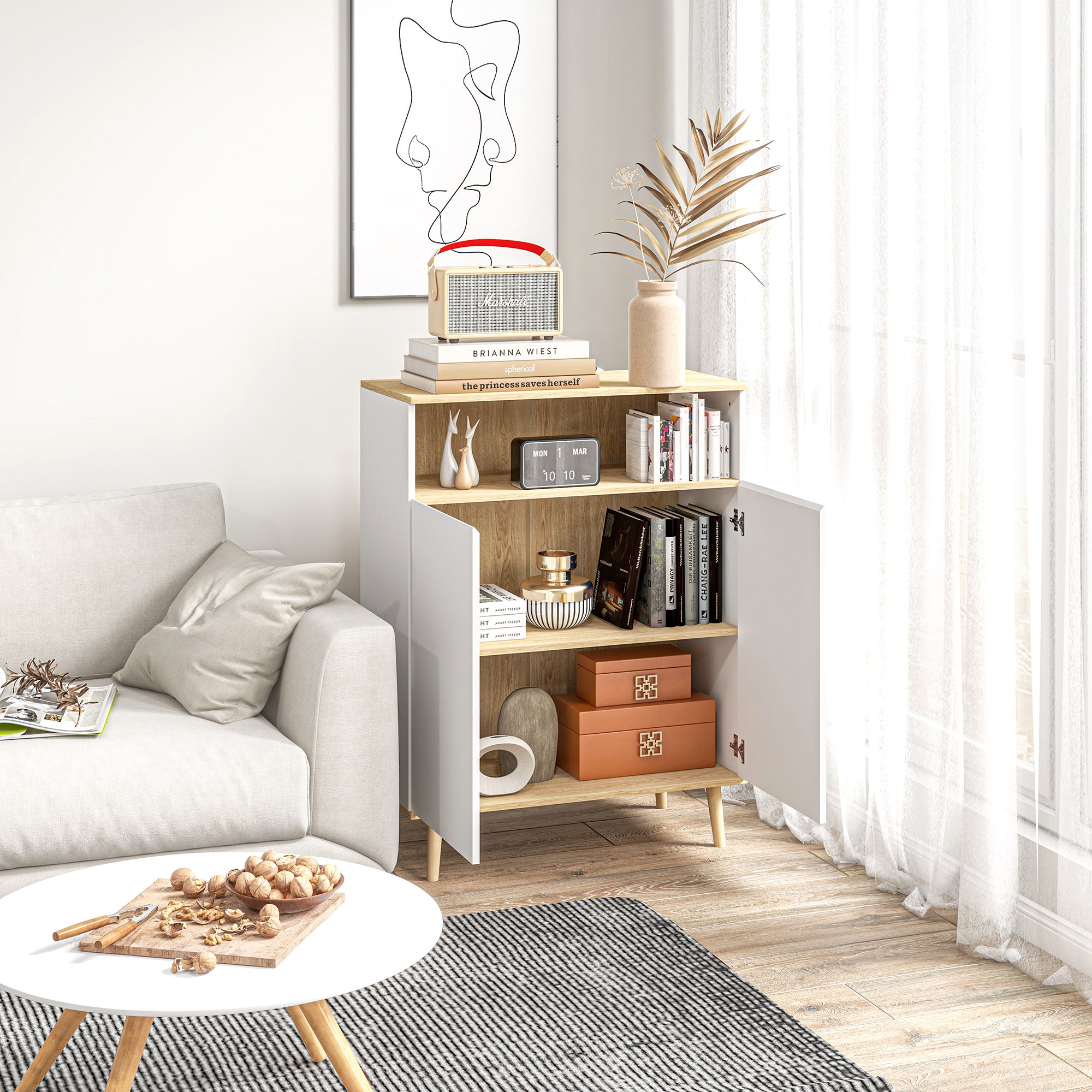 Storage Cabinet, Kitchen Buffet, with Adjustable Shelf, 2-Door Cupboard, 80 x 38 x 102 cm, Scandinavian Design, Solid Wood Legs, White and Wood Tone Finish