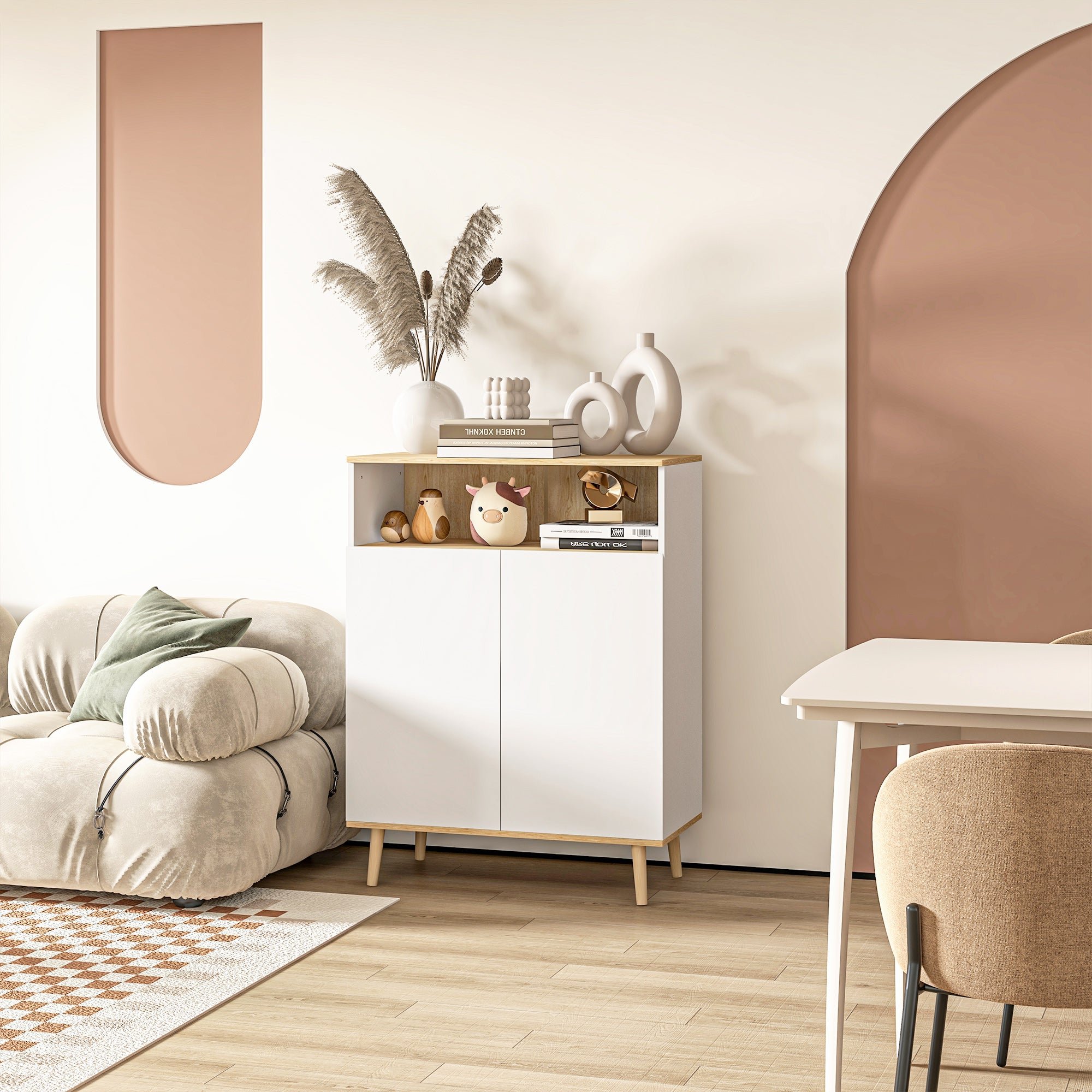 Storage Cabinet, Kitchen Buffet, with Adjustable Shelf, 2-Door Cupboard, 80 x 38 x 102 cm, Scandinavian Design, Solid Wood Legs, White and Wood Tone Finish