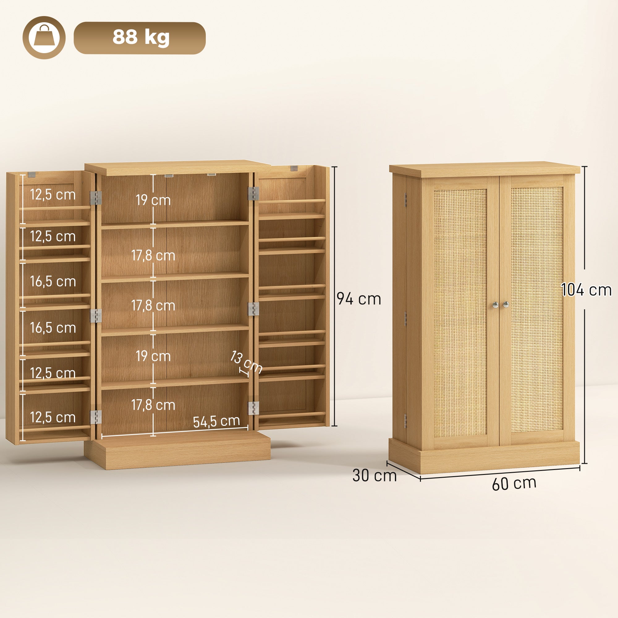 40.9" Kitchen Pantry Cabinet – Rattan Doors, 5-Tier Shelving, 12 Spice Slots & Adjustable Shelves, Natural