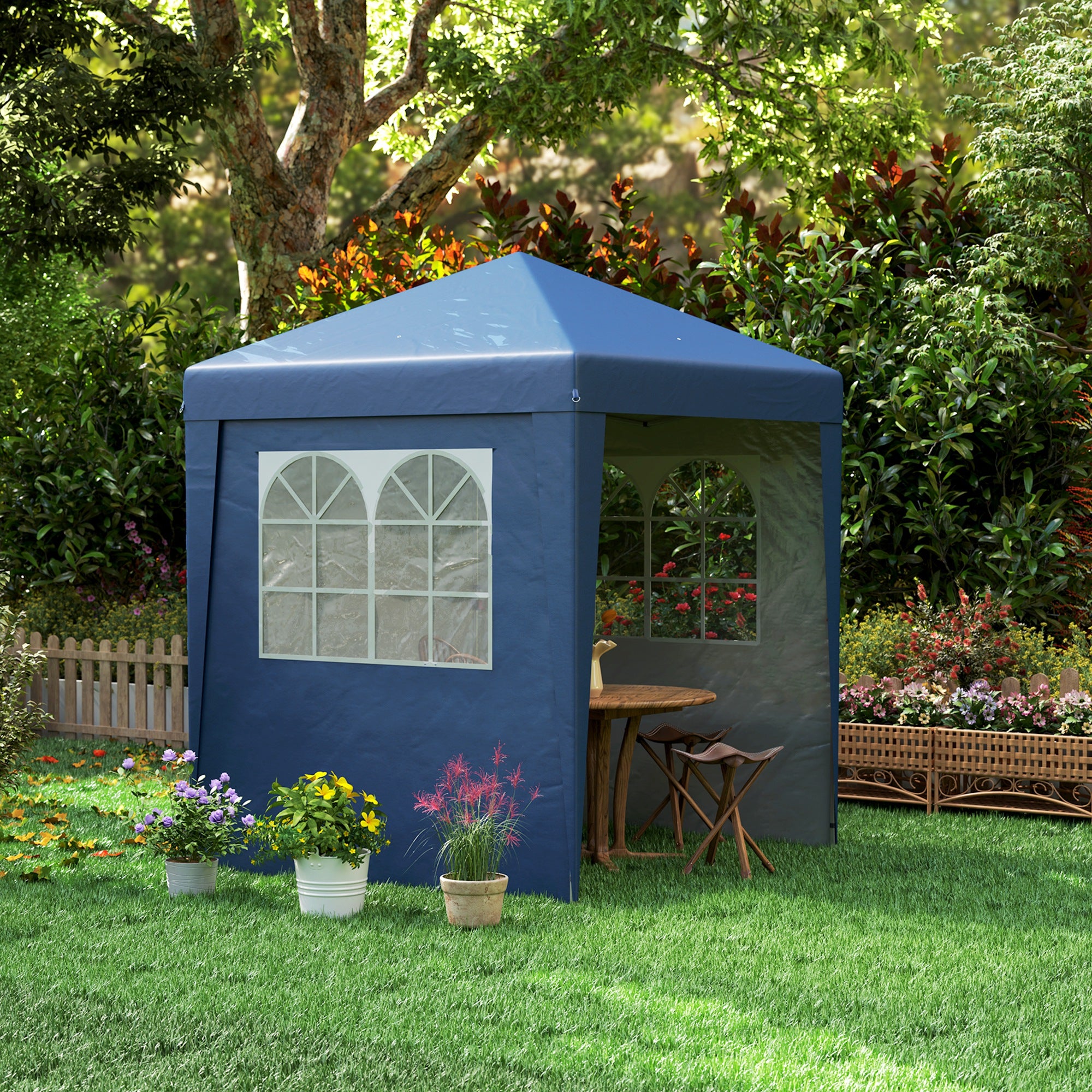 Folding Garden Gazebo Popup 2 x 2 m Adjustable Height Reception Tent 3 Levels Anti-UV 30+ 3 Side Walls with 4 Sandbags and 1 Carrying Bag Dark Blue Steel Oxford Fabric