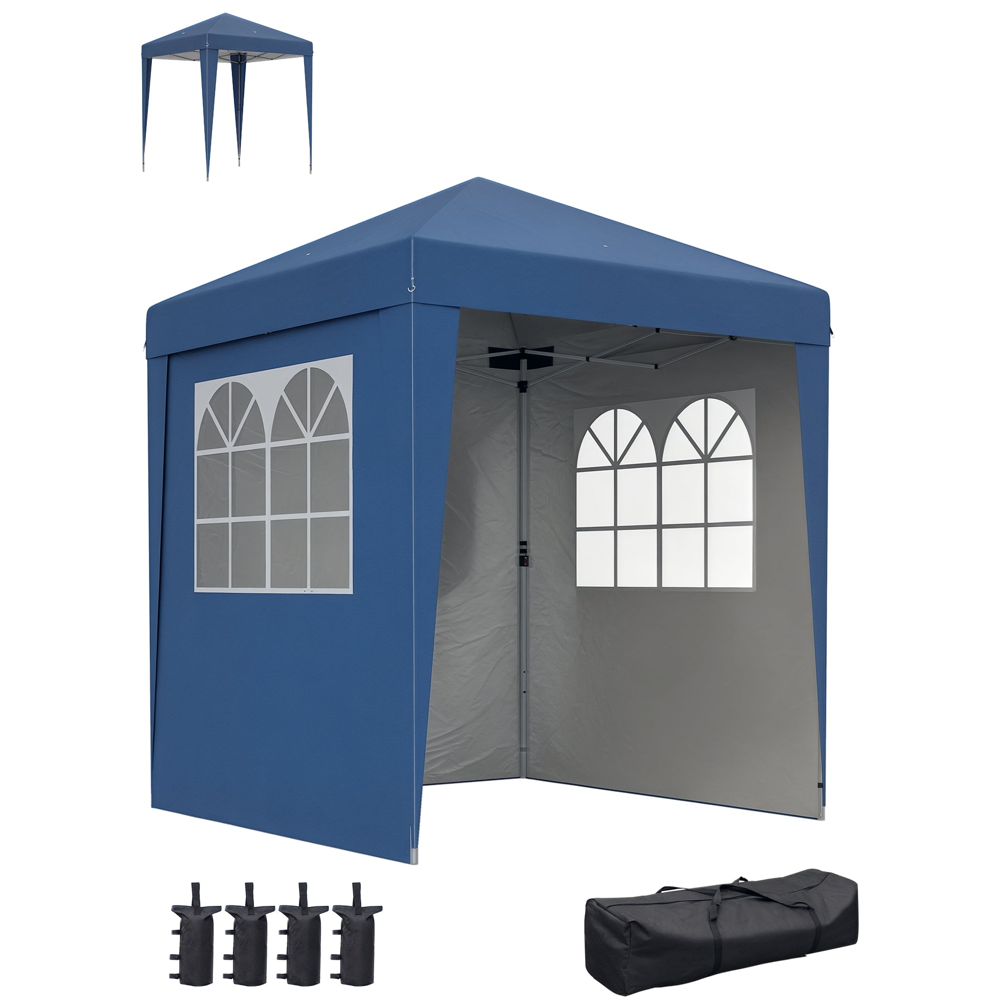 Folding Garden Gazebo Popup 2 x 2 m Adjustable Height Reception Tent 3 Levels Anti-UV 30+ 3 Side Walls with 4 Sandbags and 1 Carrying Bag Dark Blue Steel Oxford Fabric