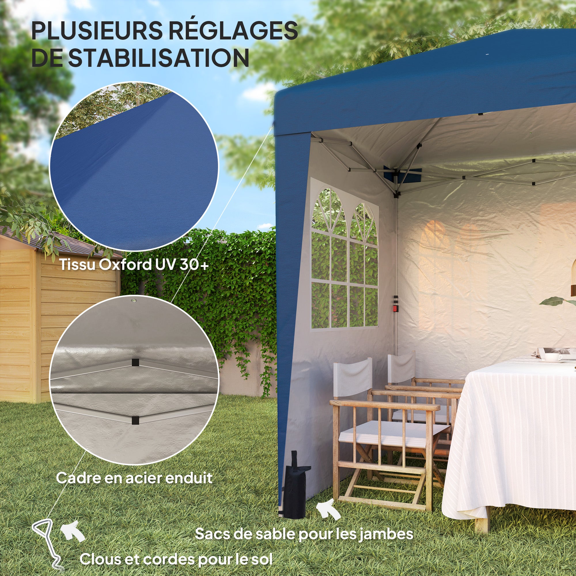 Folding Garden Gazebo Popup 2 x 2 m Adjustable Height Reception Tent 3 Levels Anti-UV 30+ 3 Side Walls with 4 Sandbags and 1 Carrying Bag Dark Blue Steel Oxford Fabric