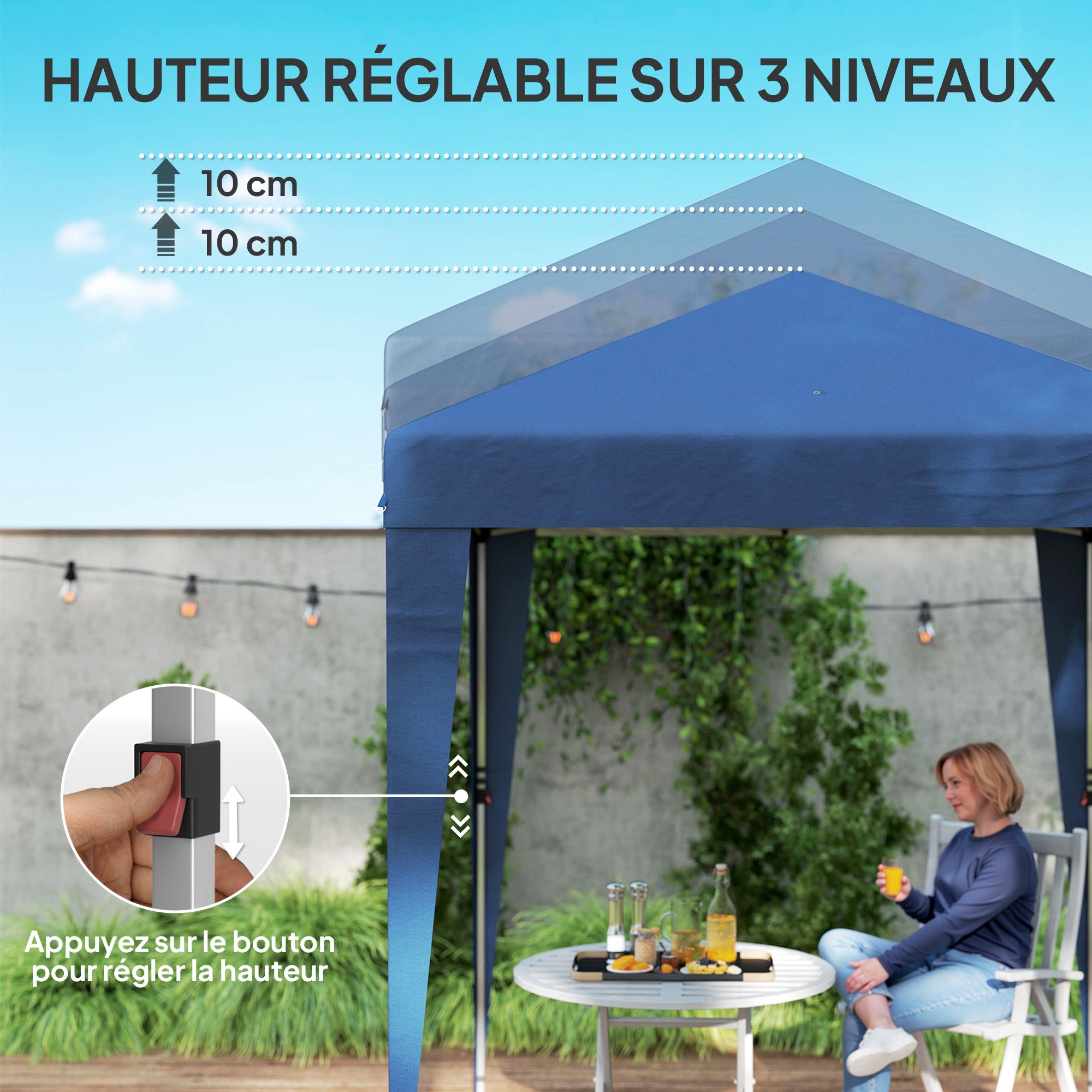 Folding Garden Gazebo Popup 2 x 2 m Adjustable Height Reception Tent 3 Levels Anti-UV 30+ 3 Side Walls with 4 Sandbags and 1 Carrying Bag Dark Blue Steel Oxford Fabric
