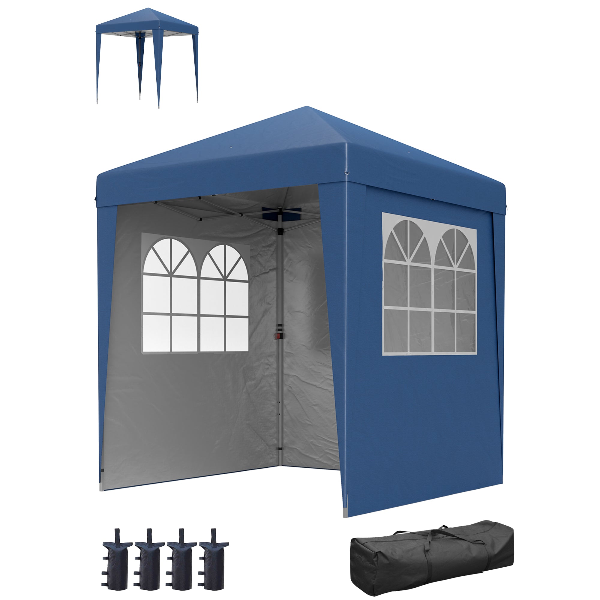 Folding Garden Gazebo Popup 2 x 2 m Adjustable Height Reception Tent 3 Levels Anti-UV 30+ 3 Side Walls with 4 Sandbags and 1 Carrying Bag Dark Blue Steel Oxford Fabric