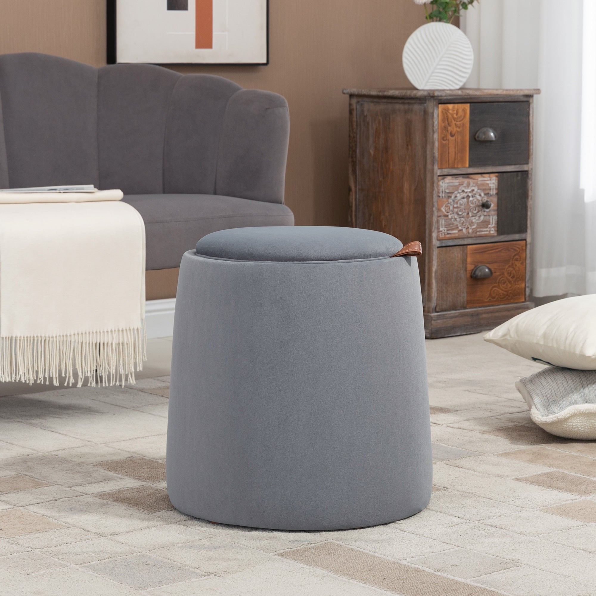 Seat Stool with Storage 2-in-1 Footstool with Lid, Round Ottoman Upholstered Stool with Velvet-Like Texture Side Table for Living Room Bedroom Ø44 x 47.5 cm Grey