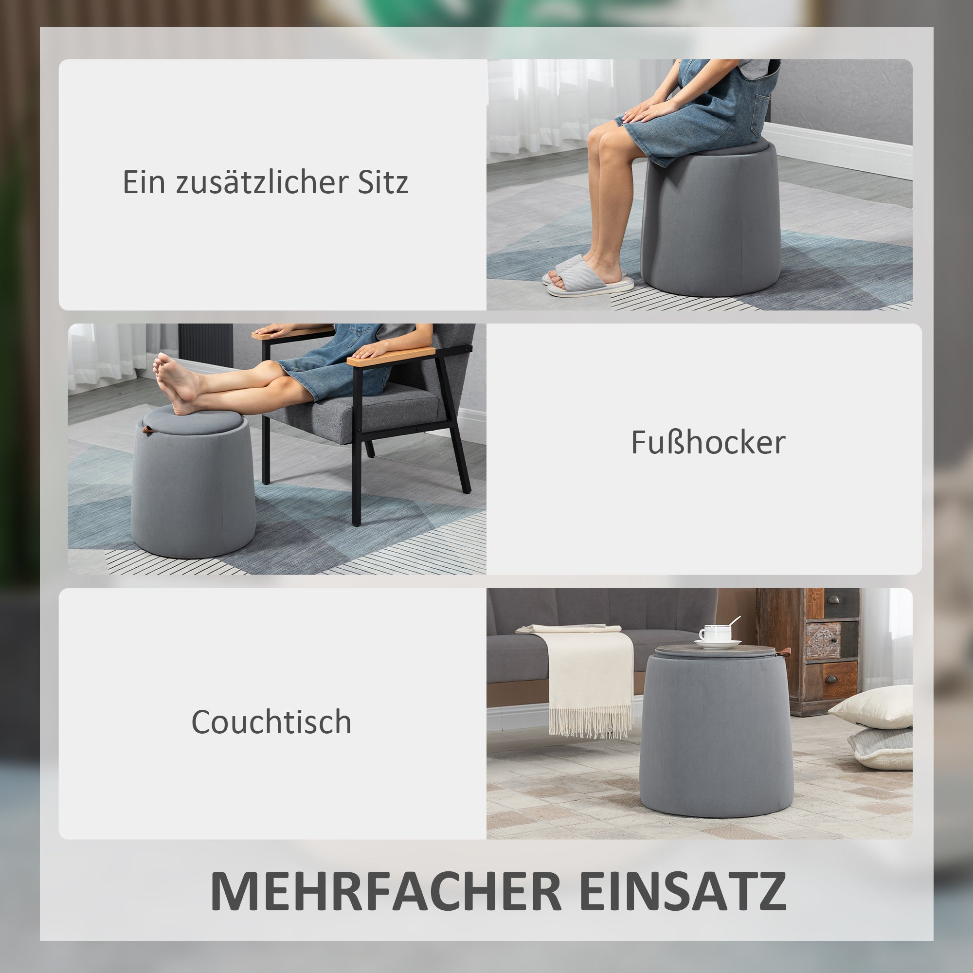 Seat Stool with Storage 2-in-1 Footstool with Lid, Round Ottoman Upholstered Stool with Velvet-Like Texture Side Table for Living Room Bedroom Ø44 x 47.5 cm Grey
