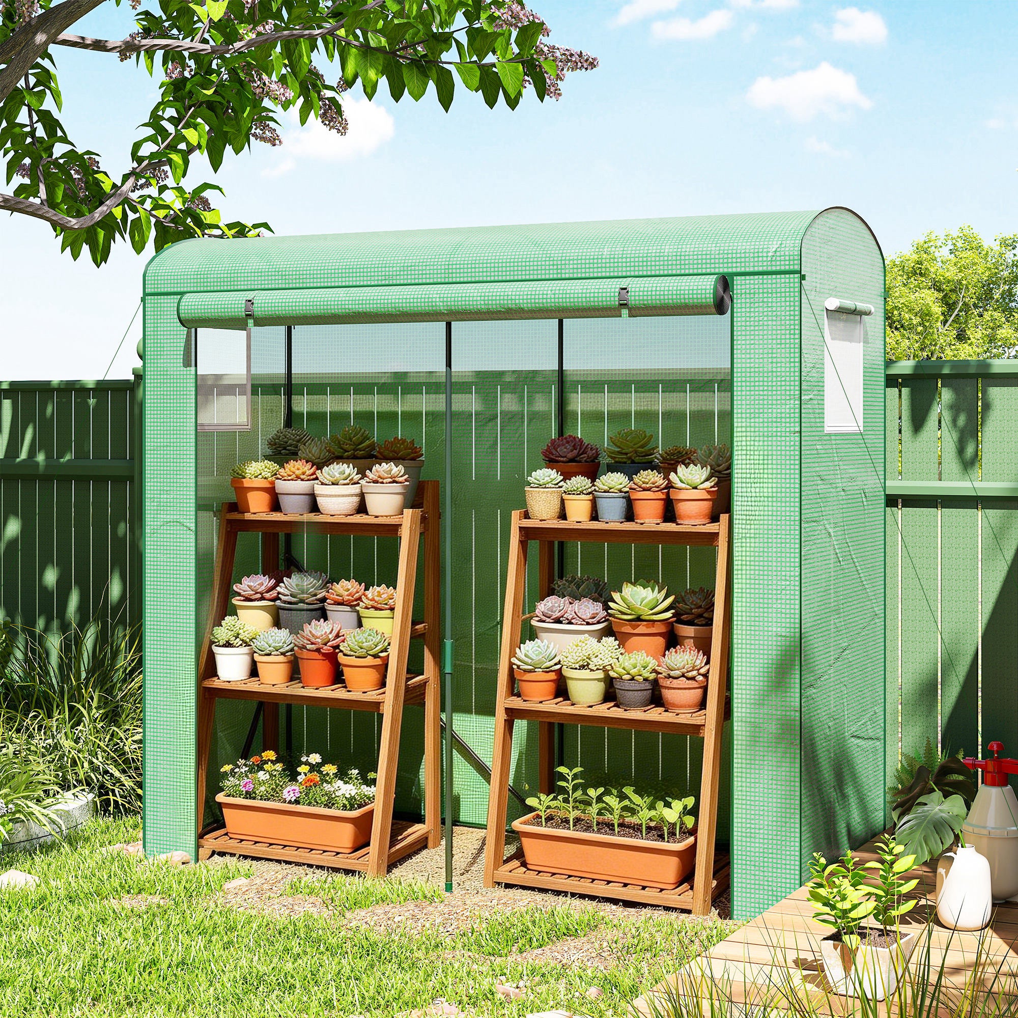 Greenhouse with Mesh Windows & Roll-Up Door, Steel-Frame PE Greenhouse, 200 x 75 x 188 cm, Ideal for Tomatoes, Vegetables & Flowers, Green