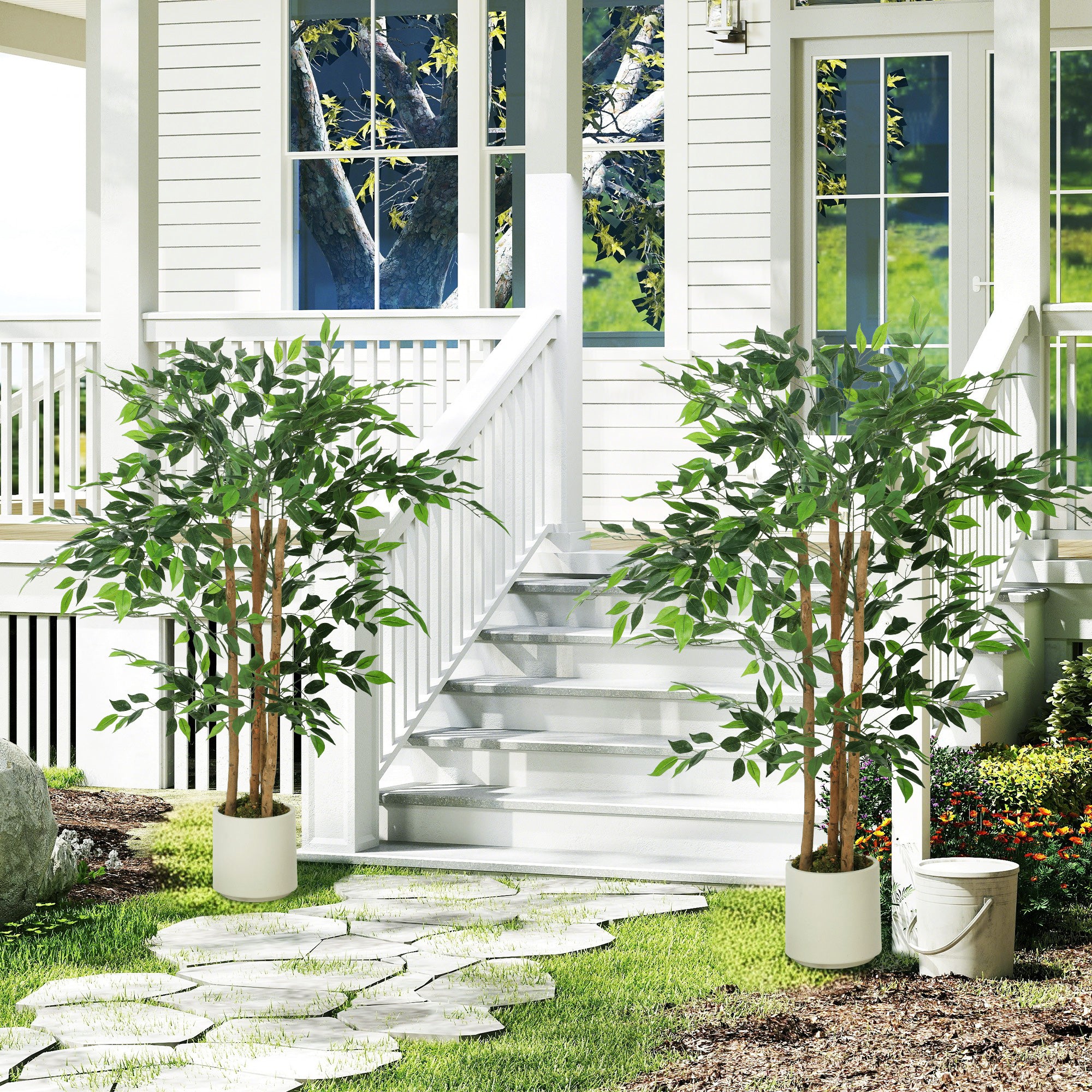 Artificial Banyan Tree with Adjustable Branches — White PP & Cement Planter, Realistic PEVA Leaves & Wood Trunk, 47.2 in