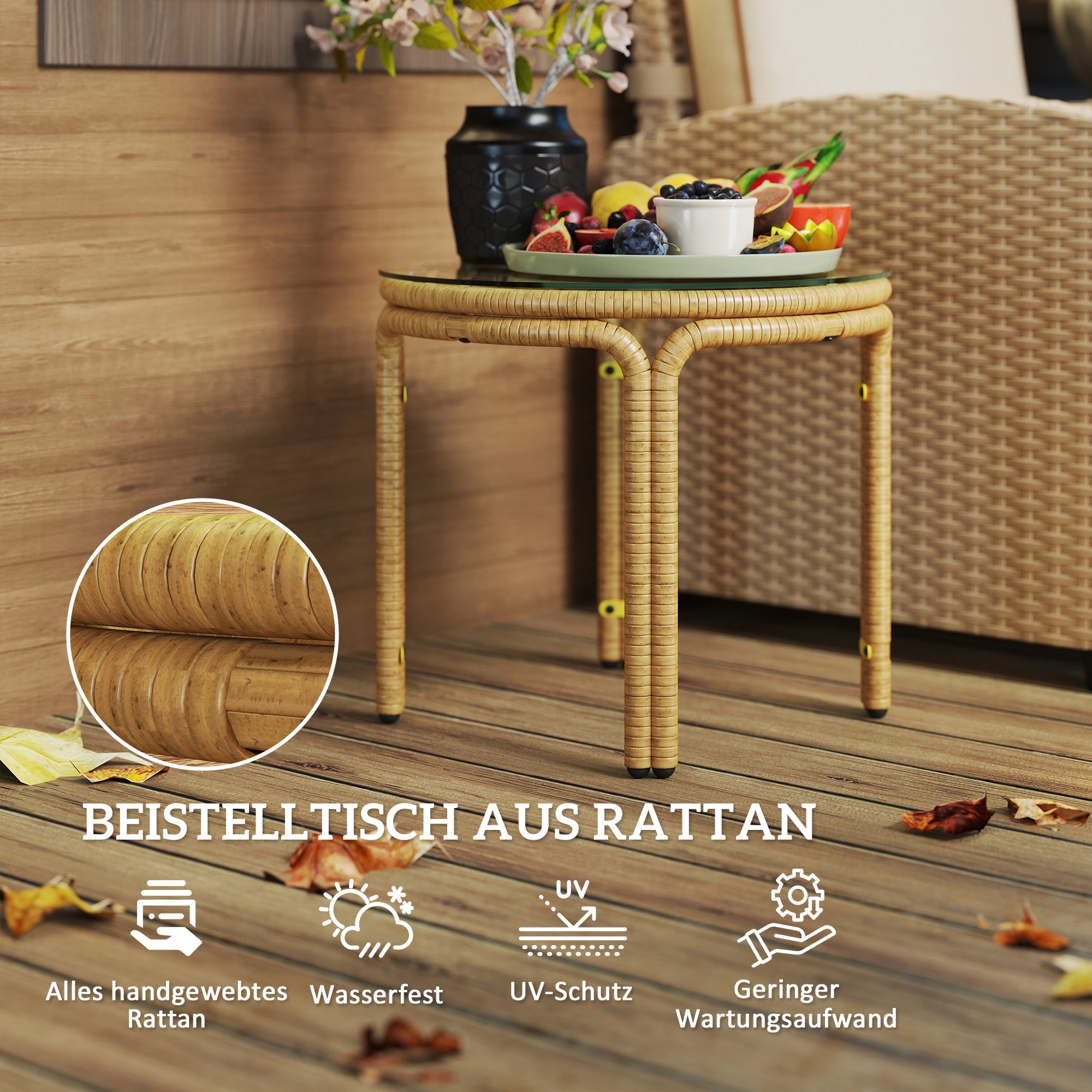 Side Table made of Poly Rattan Round Coffee Table with Glass Table Top Nightstand Garden Table Patio Furniture Coffee Table Side Table for Living Room Garden Terrace Balcony, Ø50 cm Yellow