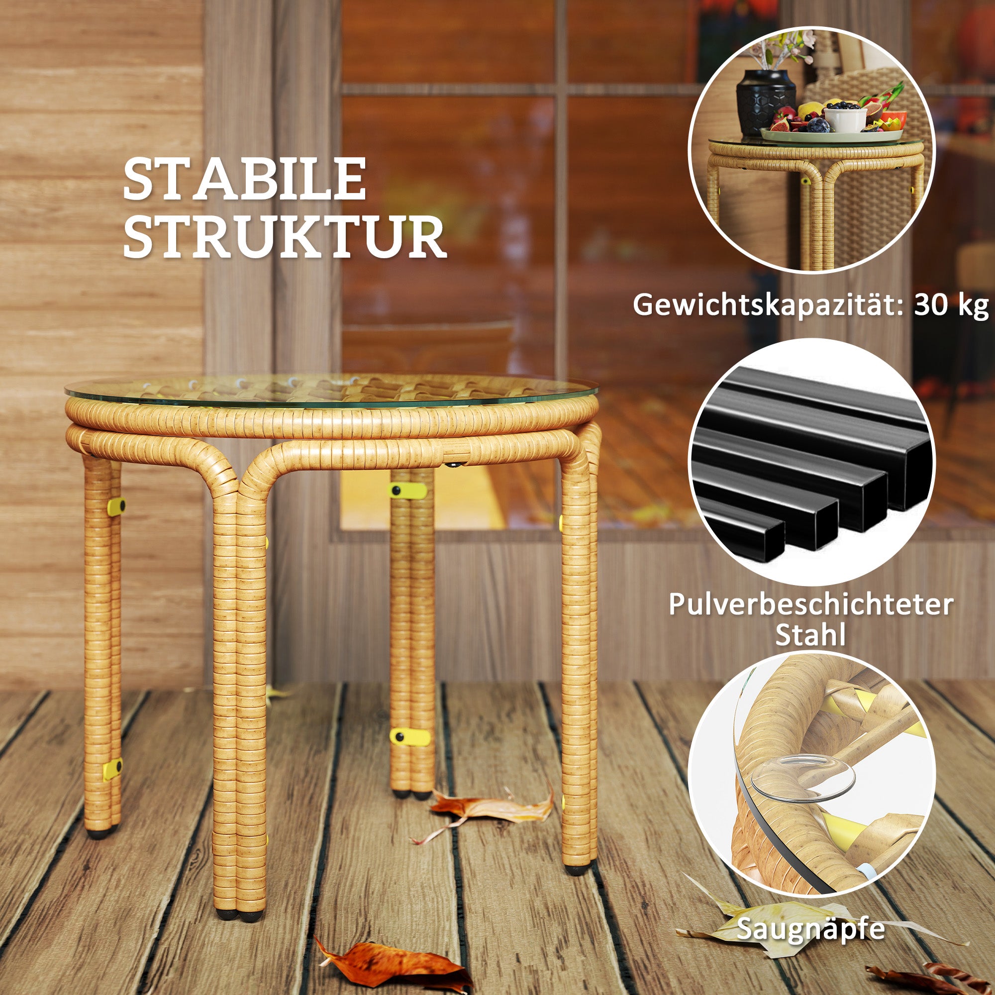 Side Table made of Poly Rattan Round Coffee Table with Glass Table Top Nightstand Garden Table Patio Furniture Coffee Table Side Table for Living Room Garden Terrace Balcony, Ø50 cm Yellow