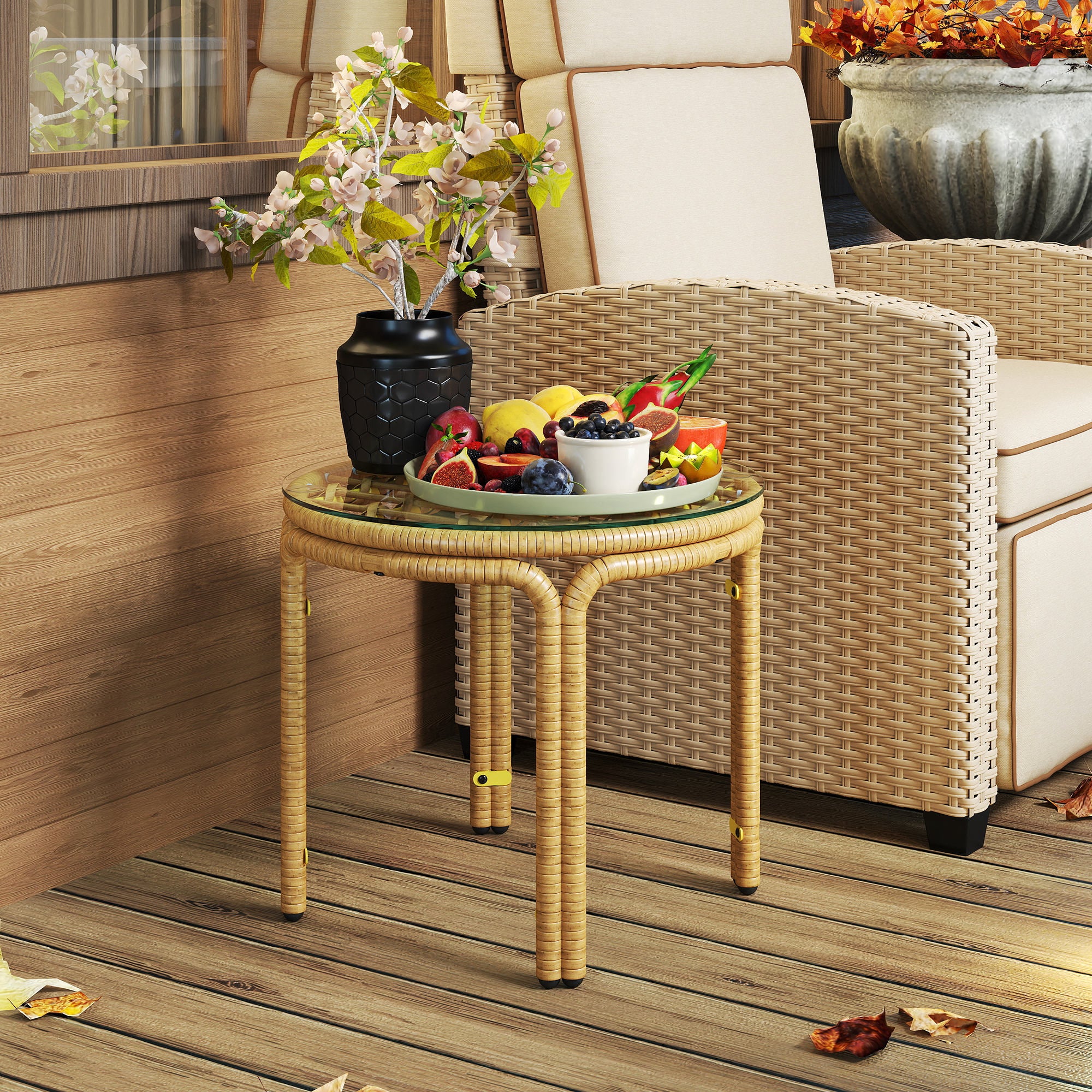 Side Table made of Poly Rattan Round Coffee Table with Glass Table Top Nightstand Garden Table Patio Furniture Coffee Table Side Table for Living Room Garden Terrace Balcony, Ø50 cm Yellow