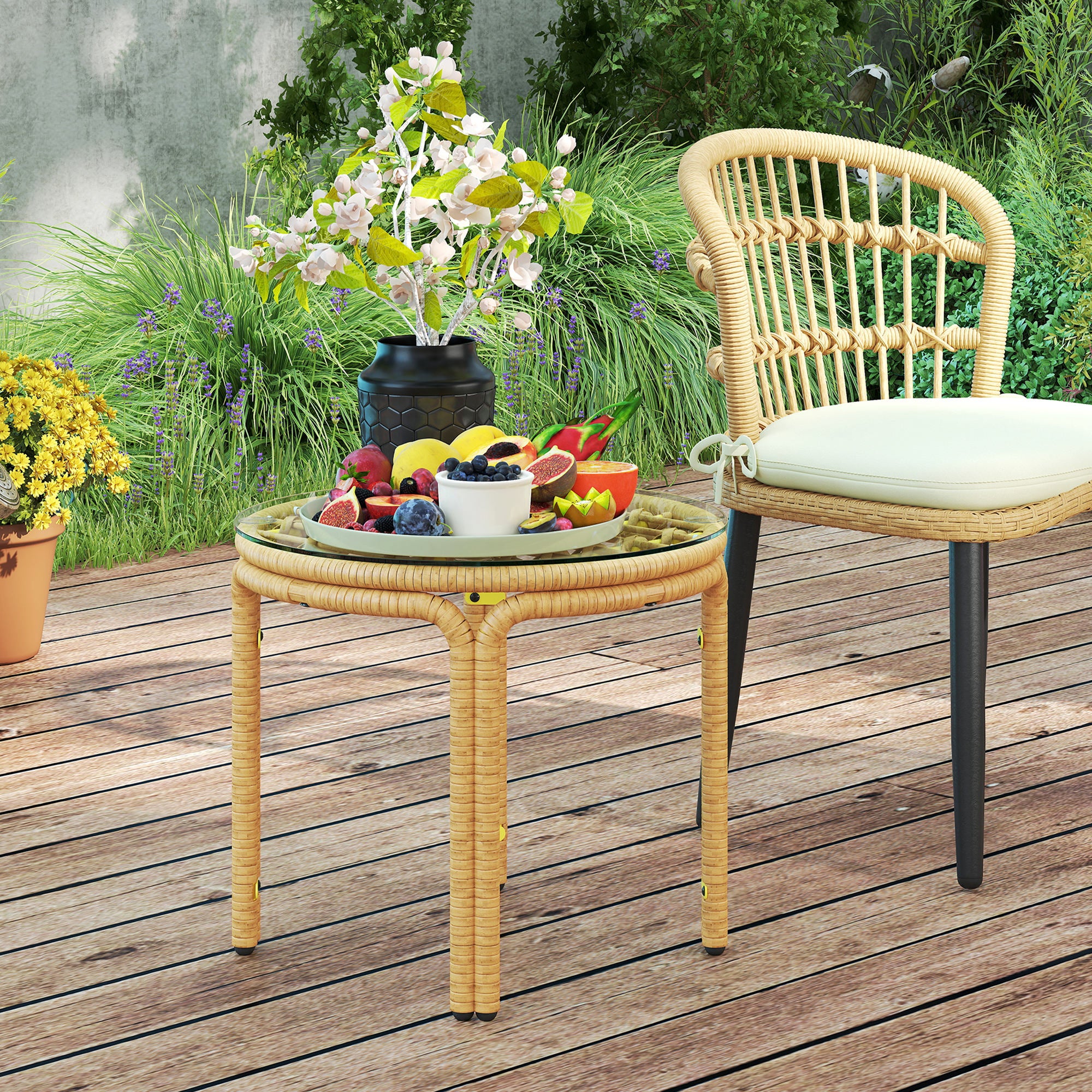 Side Table made of Poly Rattan Round Coffee Table with Glass Table Top Nightstand Garden Table Patio Furniture Coffee Table Side Table for Living Room Garden Terrace Balcony, Ø50 cm Yellow