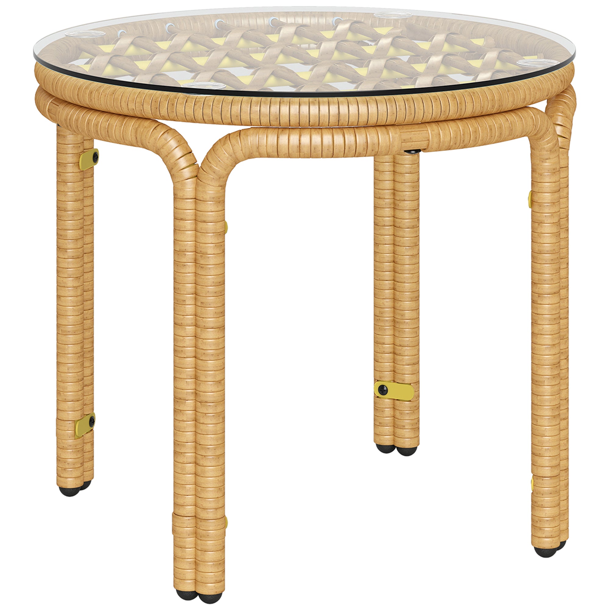 Side Table made of Poly Rattan Round Coffee Table with Glass Table Top Nightstand Garden Table Patio Furniture Coffee Table Side Table for Living Room Garden Terrace Balcony, Ø50 cm Yellow