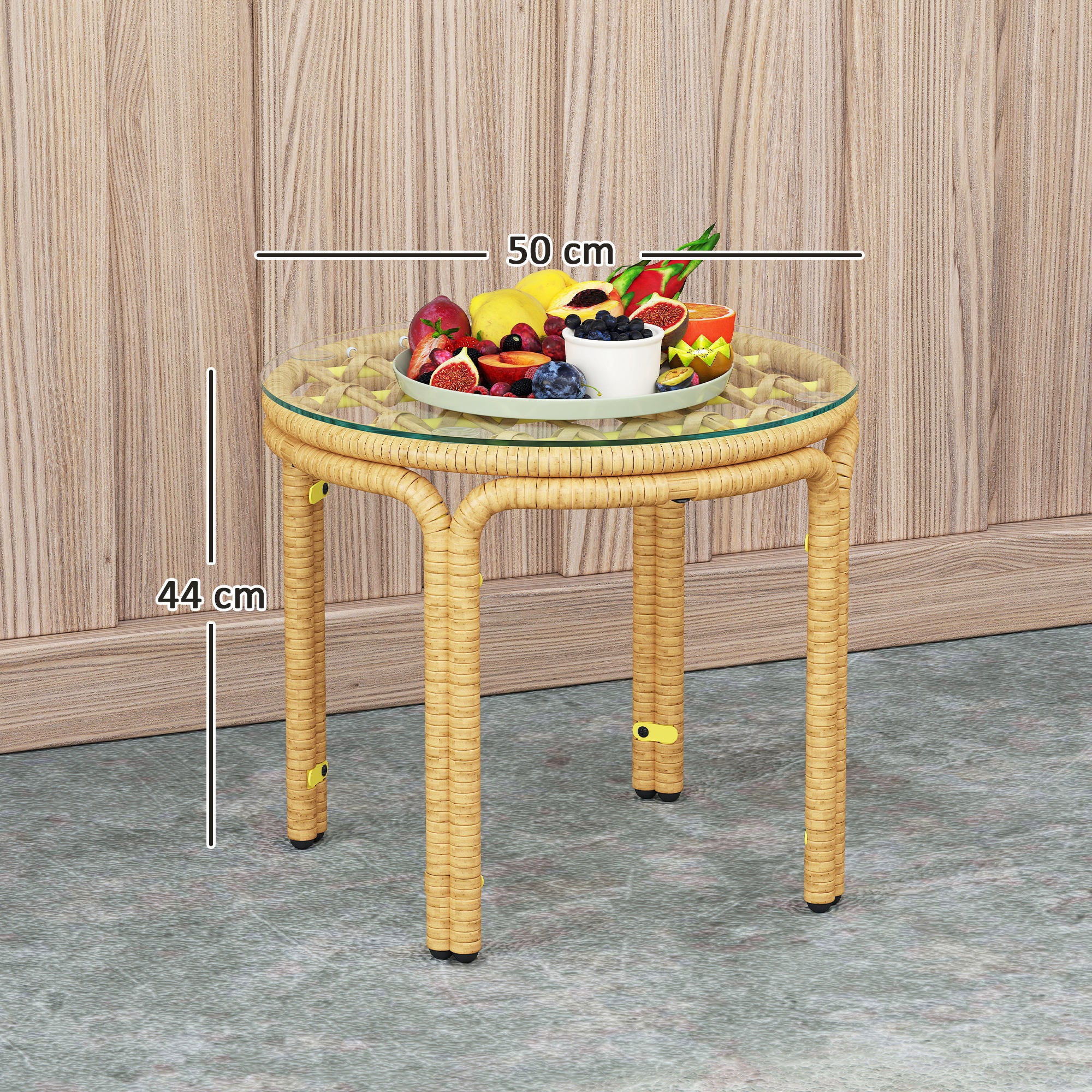 Side Table made of Poly Rattan Round Coffee Table with Glass Table Top Nightstand Garden Table Patio Furniture Coffee Table Side Table for Living Room Garden Terrace Balcony, Ø50 cm Yellow