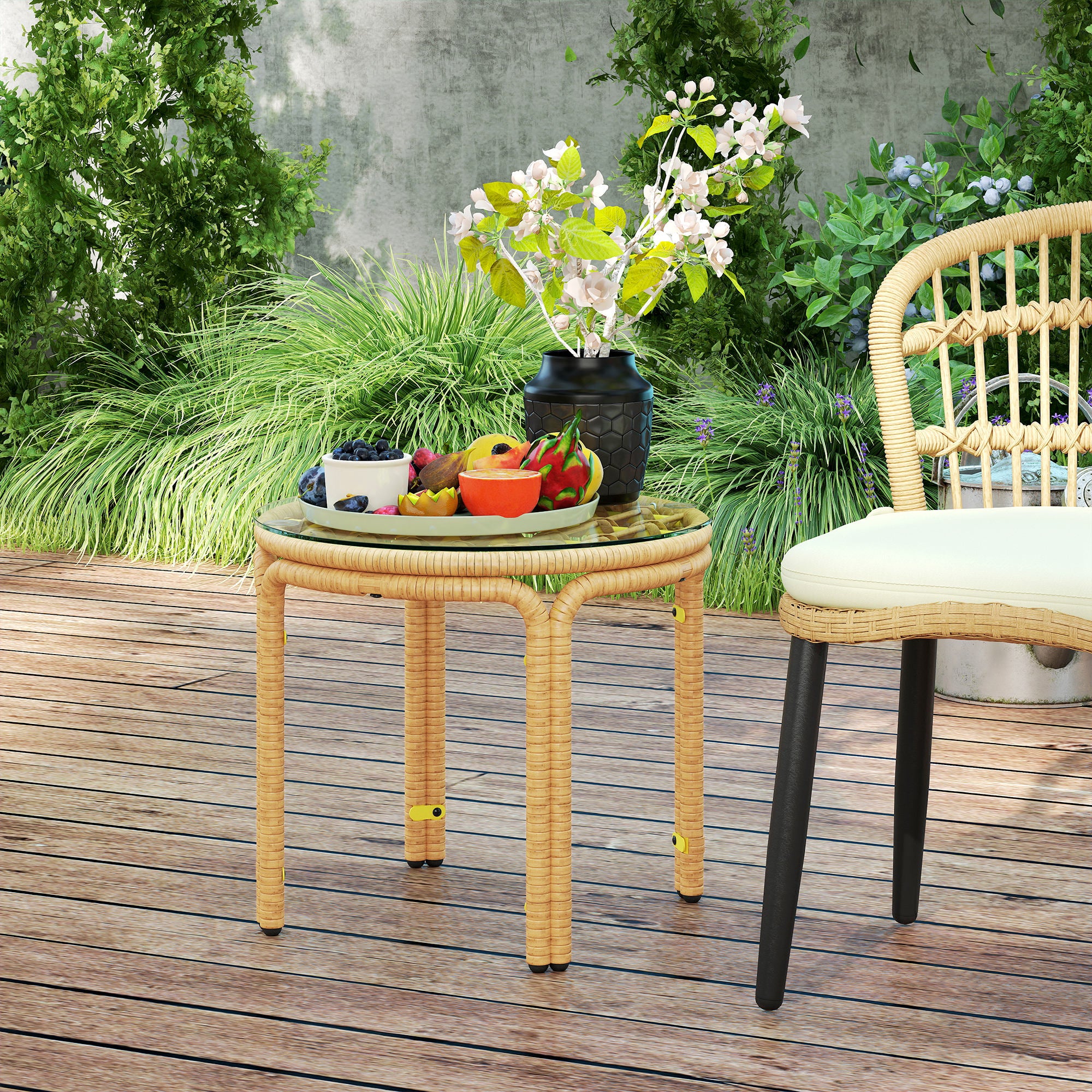 Side Table made of Poly Rattan Round Coffee Table with Glass Table Top Nightstand Garden Table Patio Furniture Coffee Table Side Table for Living Room Garden Terrace Balcony, Ø50 cm Yellow