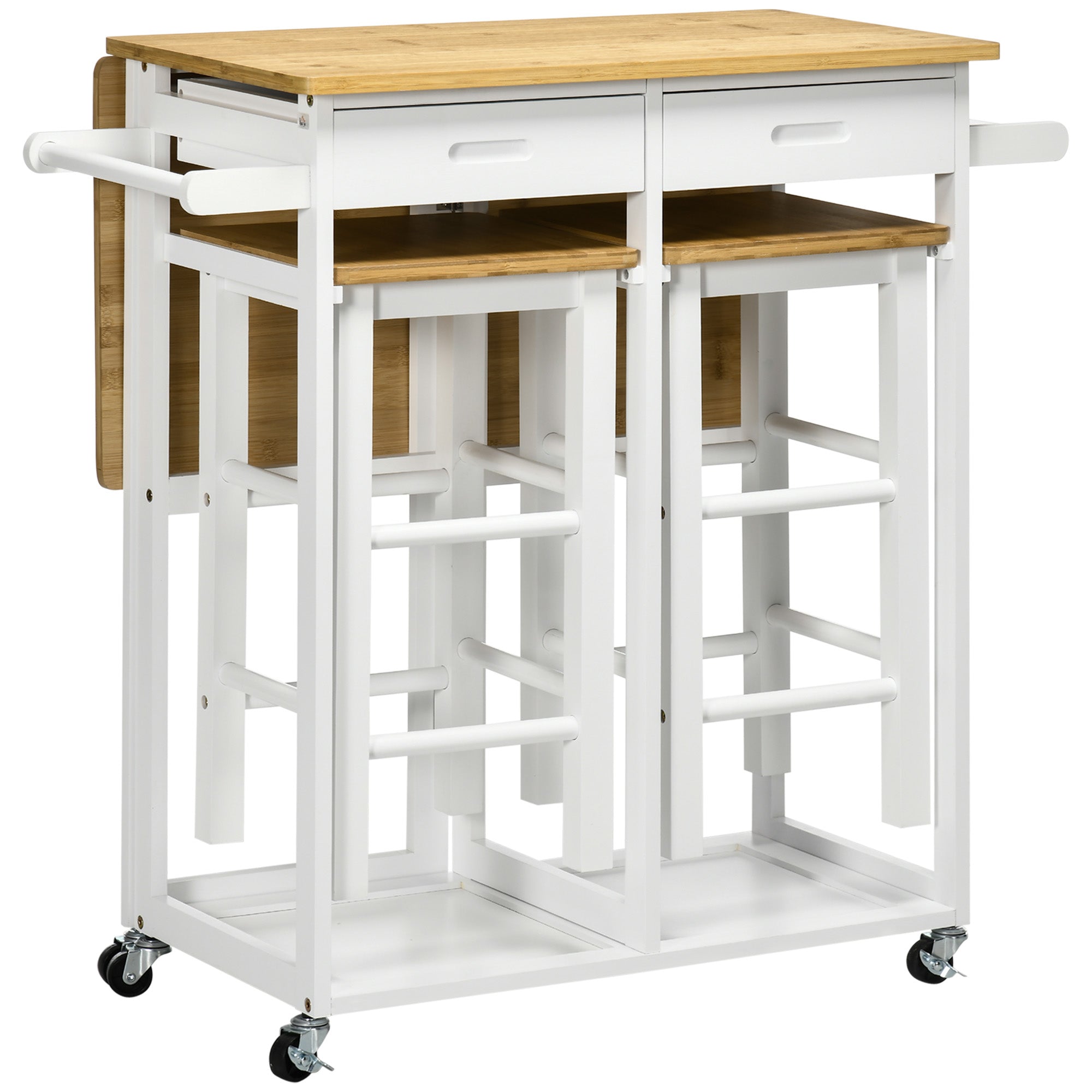 Bar Table Set Kitchen Cart Folding Kitchen Table on Wheels + 2 Stools White and Light Wood - 2 Drawers and Towel Holder