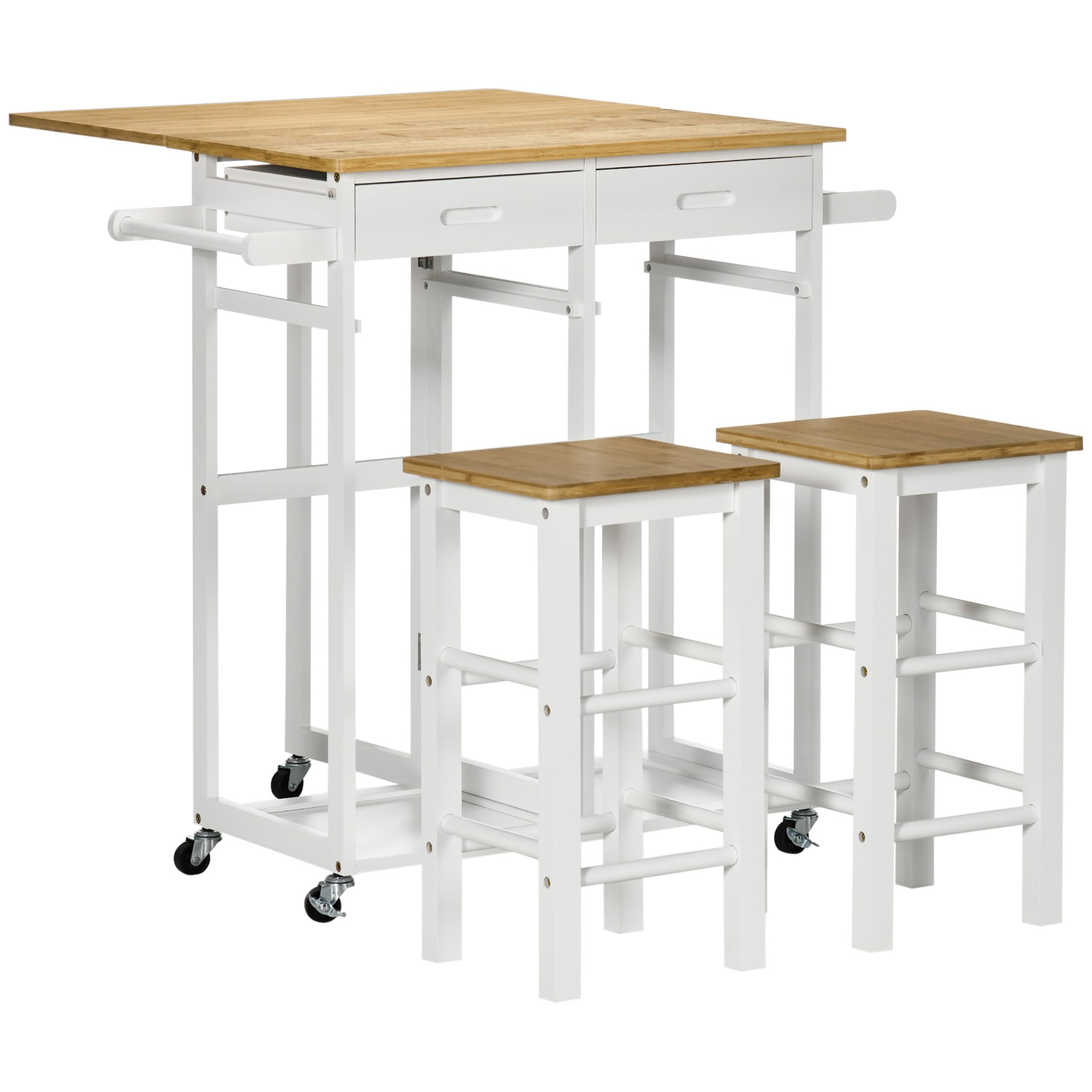 Bar Table Set Kitchen Cart Folding Kitchen Table on Wheels + 2 Stools White and Light Wood - 2 Drawers and Towel Holder