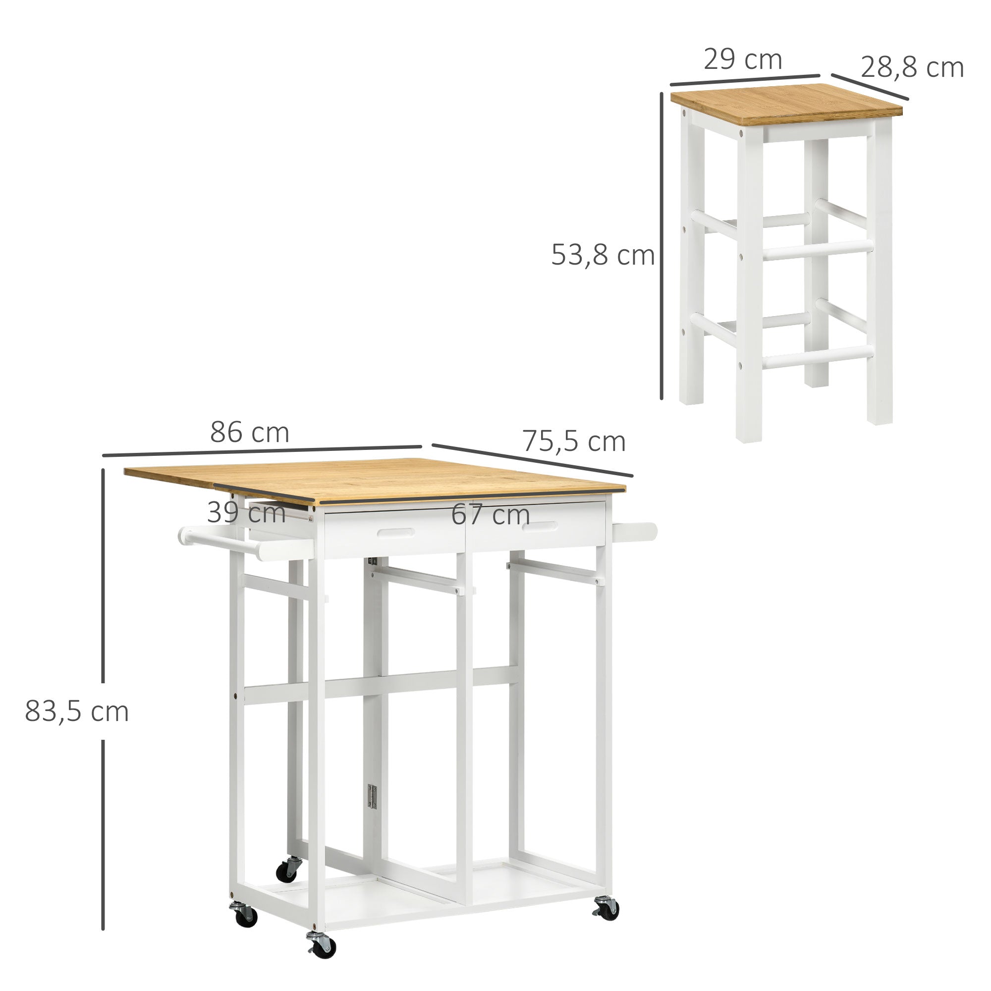 Bar Table Set Kitchen Cart Folding Kitchen Table on Wheels + 2 Stools White and Light Wood - 2 Drawers and Towel Holder