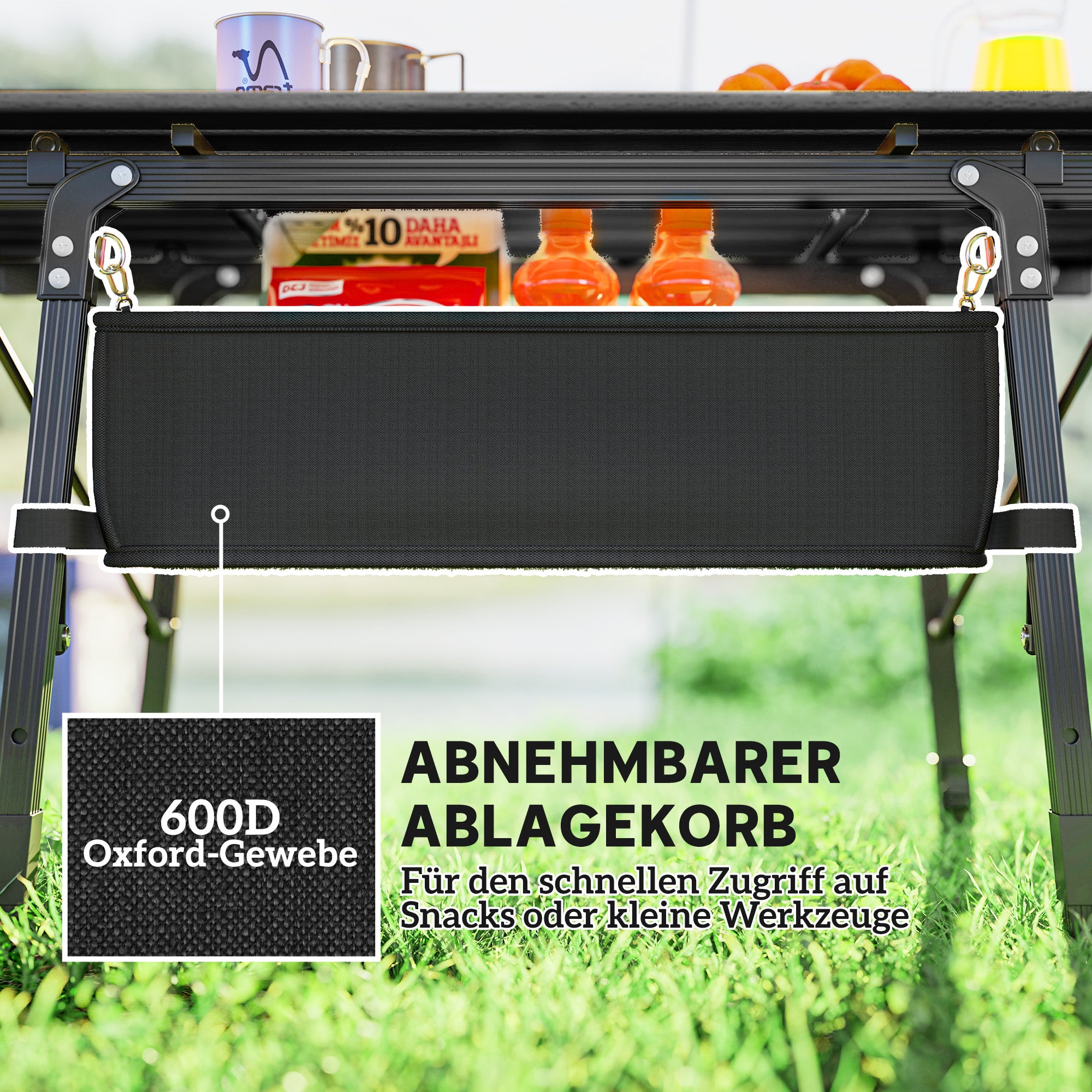 Adjustable Height Camping Table Folding Table with Storage Basket Portable Aluminum Garden Table Lightweight Multifunctional Table Foldable Table for Garden Balcony Camping Picnic 90 x 55cm Black