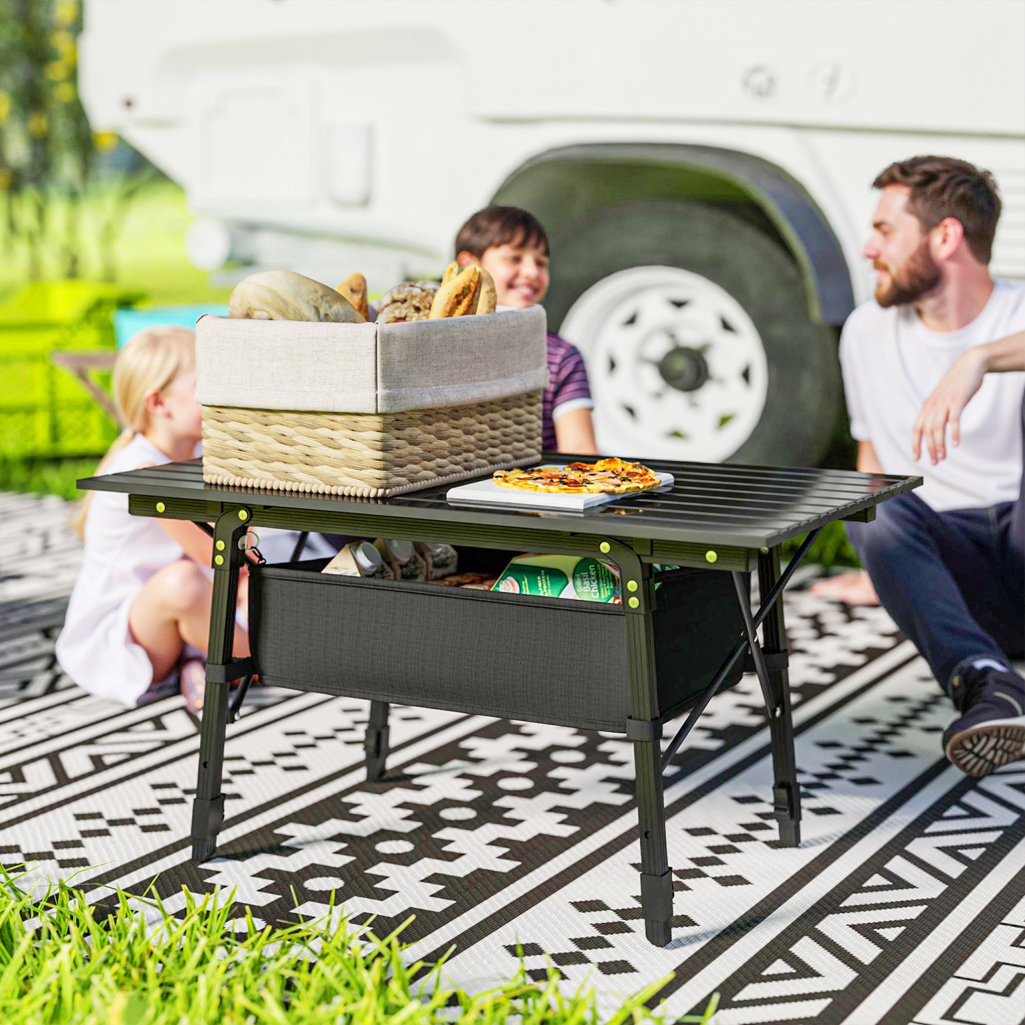 Adjustable Height Camping Table Folding Table with Storage Basket Portable Aluminum Garden Table Lightweight Multifunctional Table Foldable Table for Garden Balcony Camping Picnic 90 x 55cm Black