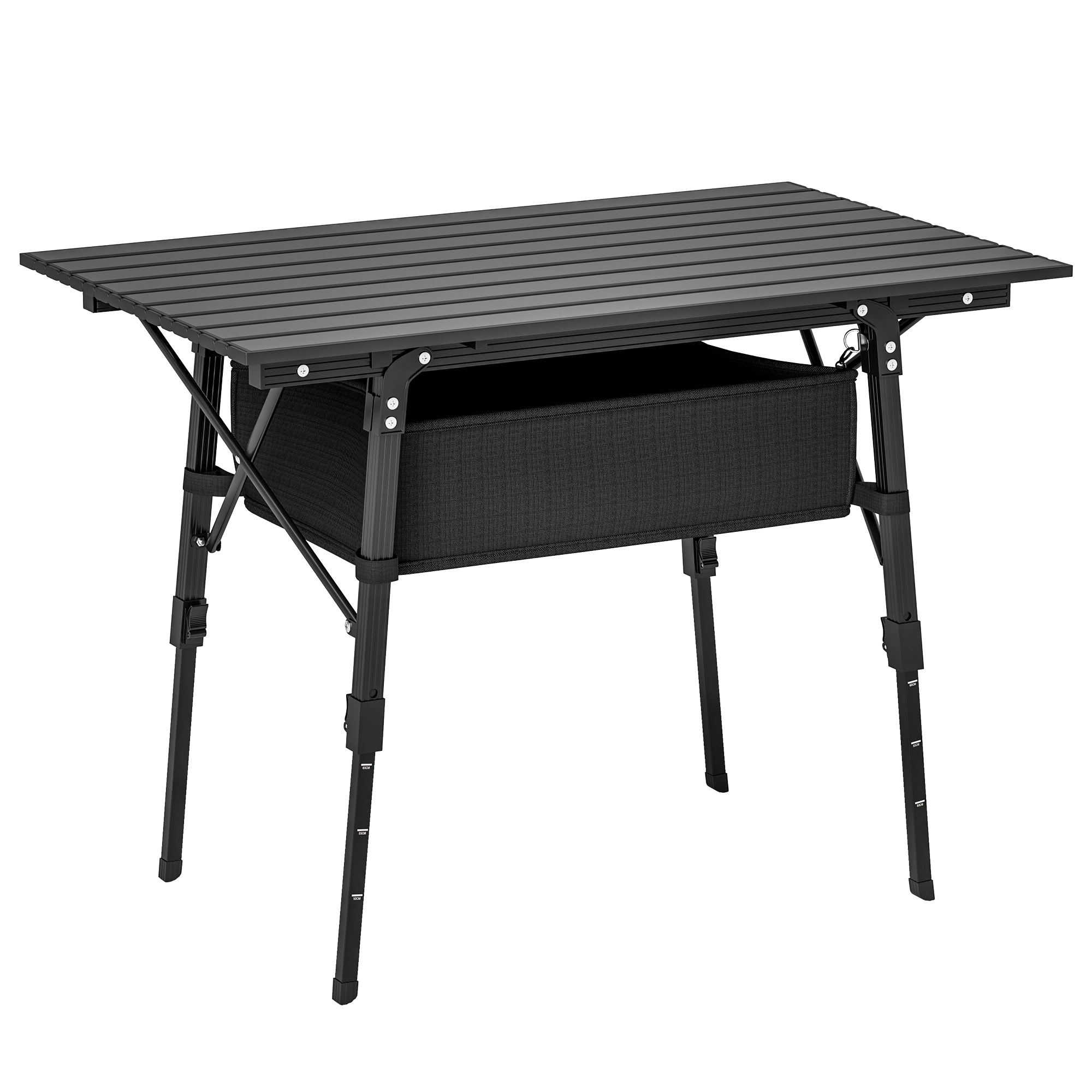 Adjustable Height Camping Table Folding Table with Storage Basket Portable Aluminum Garden Table Lightweight Multifunctional Table Foldable Table for Garden Balcony Camping Picnic 90 x 55cm Black