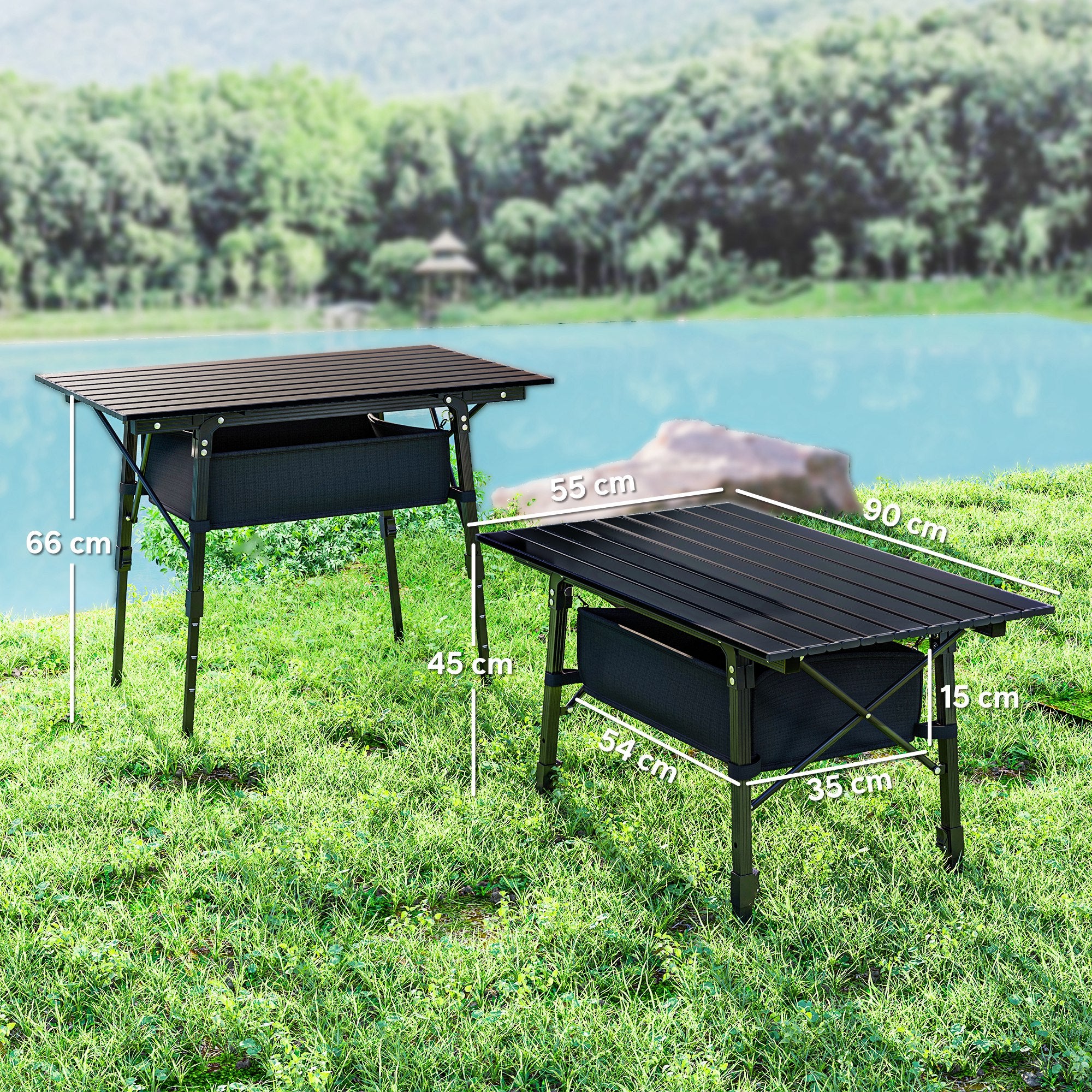 Adjustable Height Camping Table Folding Table with Storage Basket Portable Aluminum Garden Table Lightweight Multifunctional Table Foldable Table for Garden Balcony Camping Picnic 90 x 55cm Black