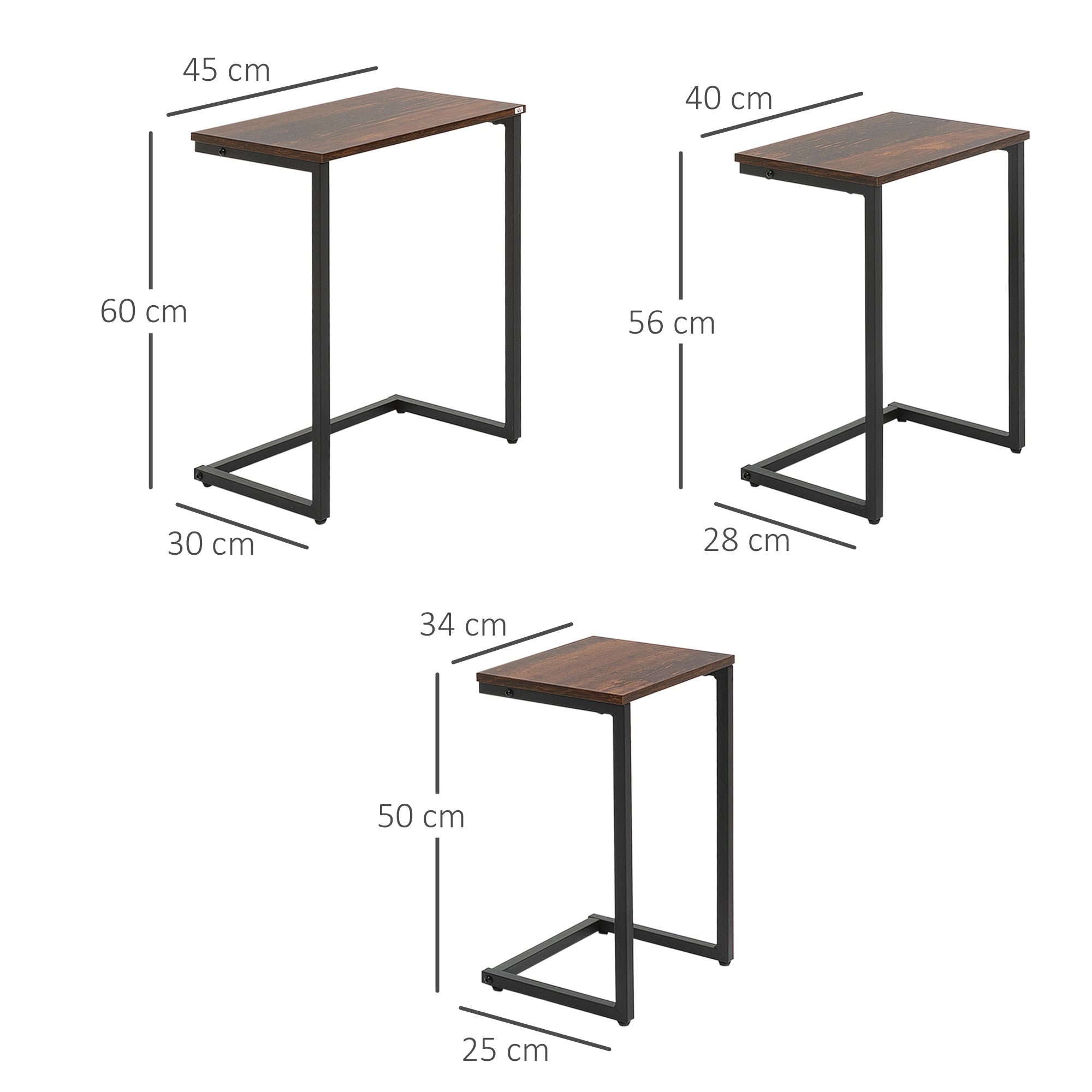 3-Piece Nesting Tables, Space-Saving Side Tables, C-Shaped Coffee Tables with Steel Frame in Industrial Design for Living Room Rustic Brown