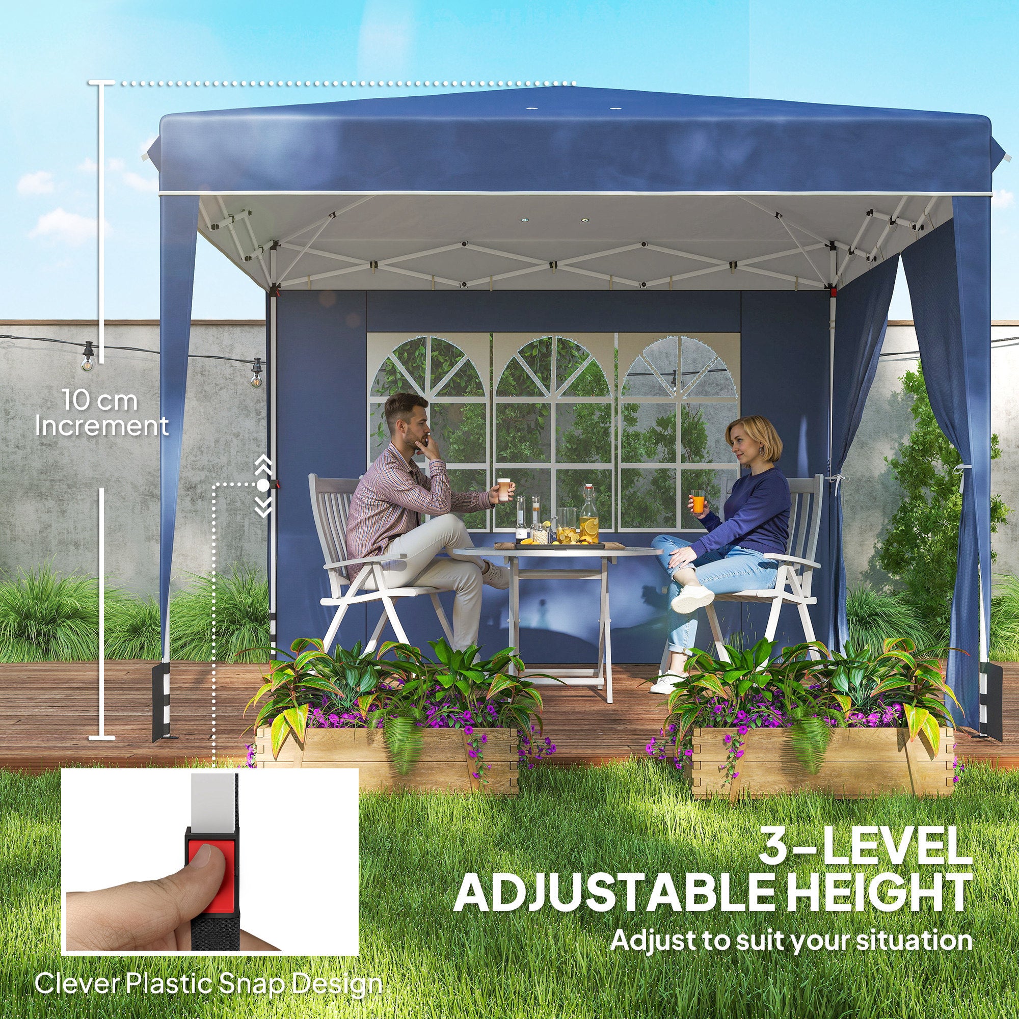 3 x 3 m (10'x10') Waterproof Pop-Up Canopy, Adjustable Height, 2 Removable Sidewalls, UV50+, Foldable Party Tent with Carry Bag & Sandbags — Dark Blue
