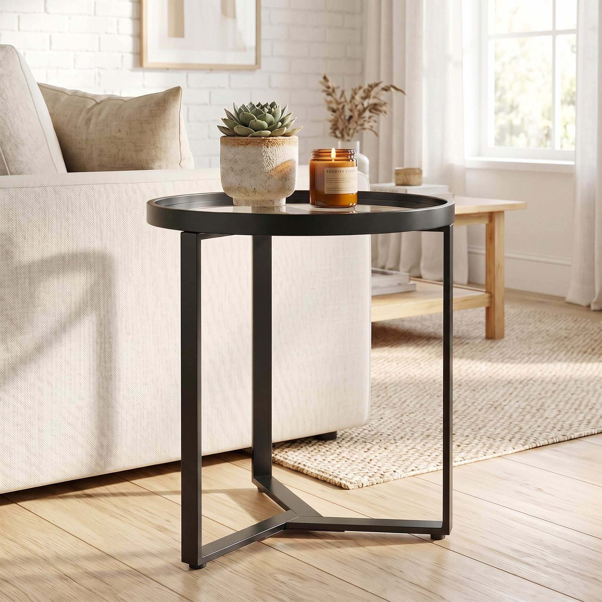 Round Glass Side Table with Geometric Metal Frame, Modern Accent Table for Small Spaces, Living Room & Bedroom, Black