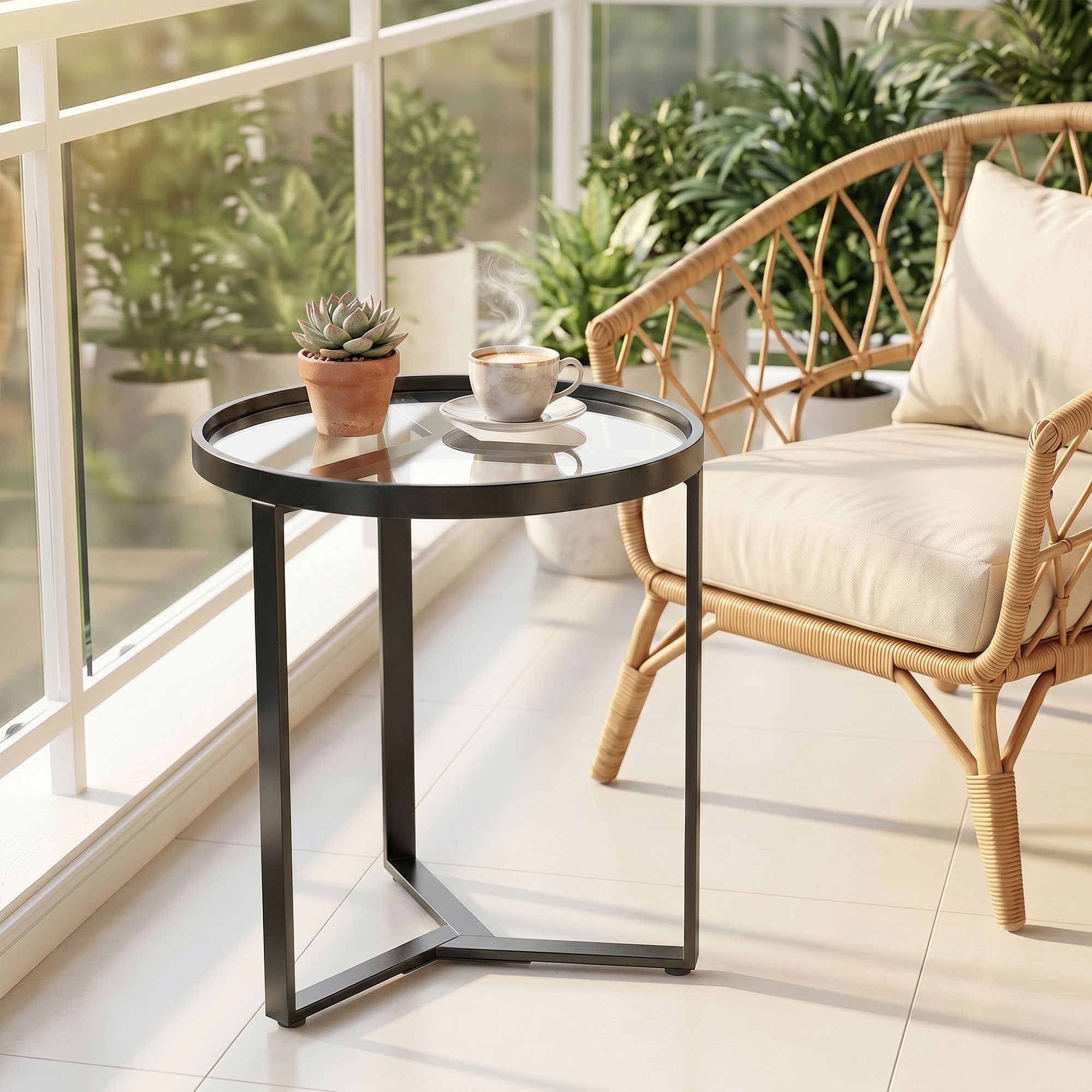 Round Glass Side Table with Geometric Metal Frame, Modern Accent Table for Small Spaces, Living Room & Bedroom, Black