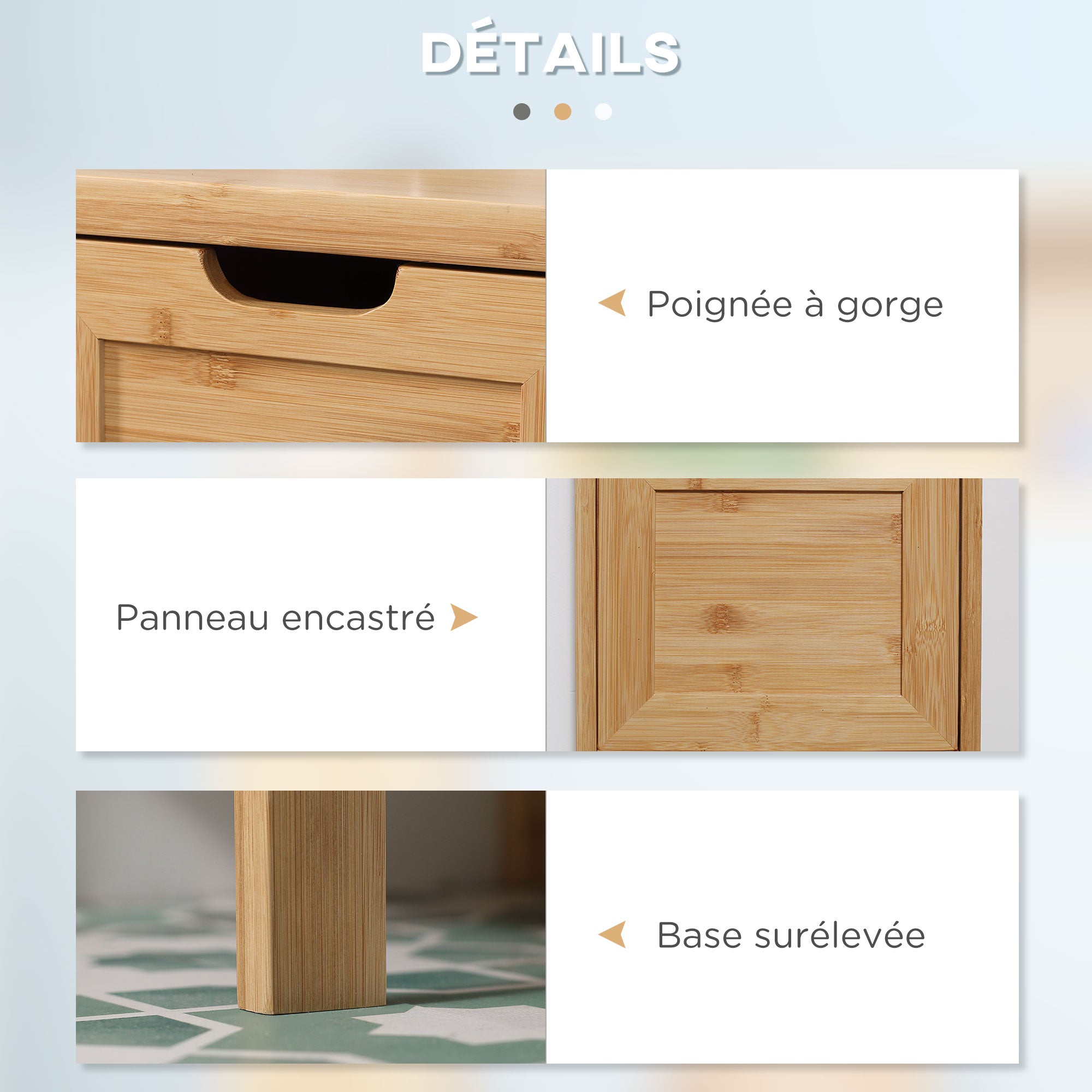 Free-standing bathroom cabinet storage cabinet with bamboo feet 2 removable drawers and 1 shelf - natural design - 30 x 30 x 90 cm natural
