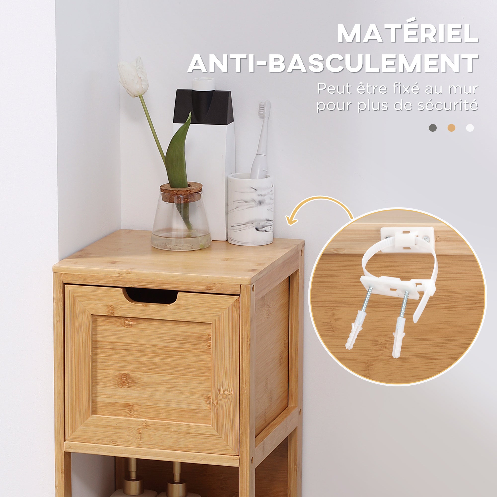 Free-standing bathroom cabinet storage cabinet with bamboo feet 2 removable drawers and 1 shelf - natural design - 30 x 30 x 90 cm natural