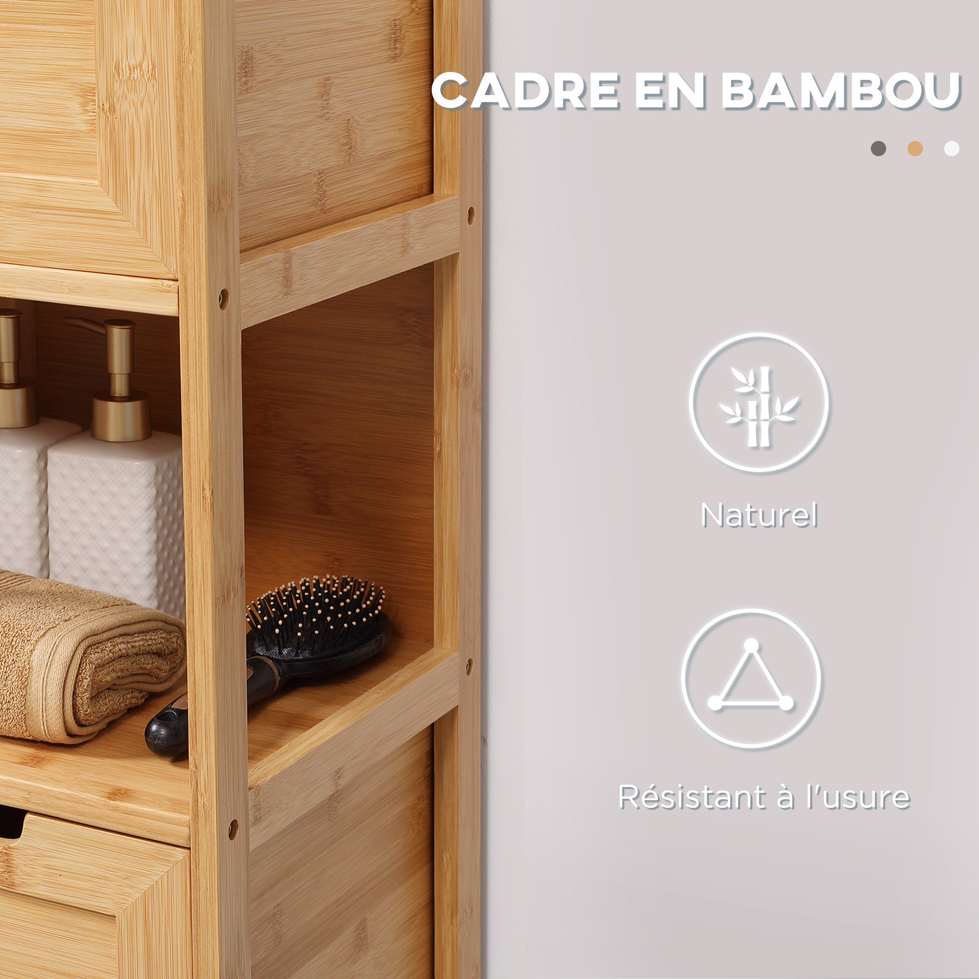 Free-standing bathroom cabinet storage cabinet with bamboo feet 2 removable drawers and 1 shelf - natural design - 30 x 30 x 90 cm natural