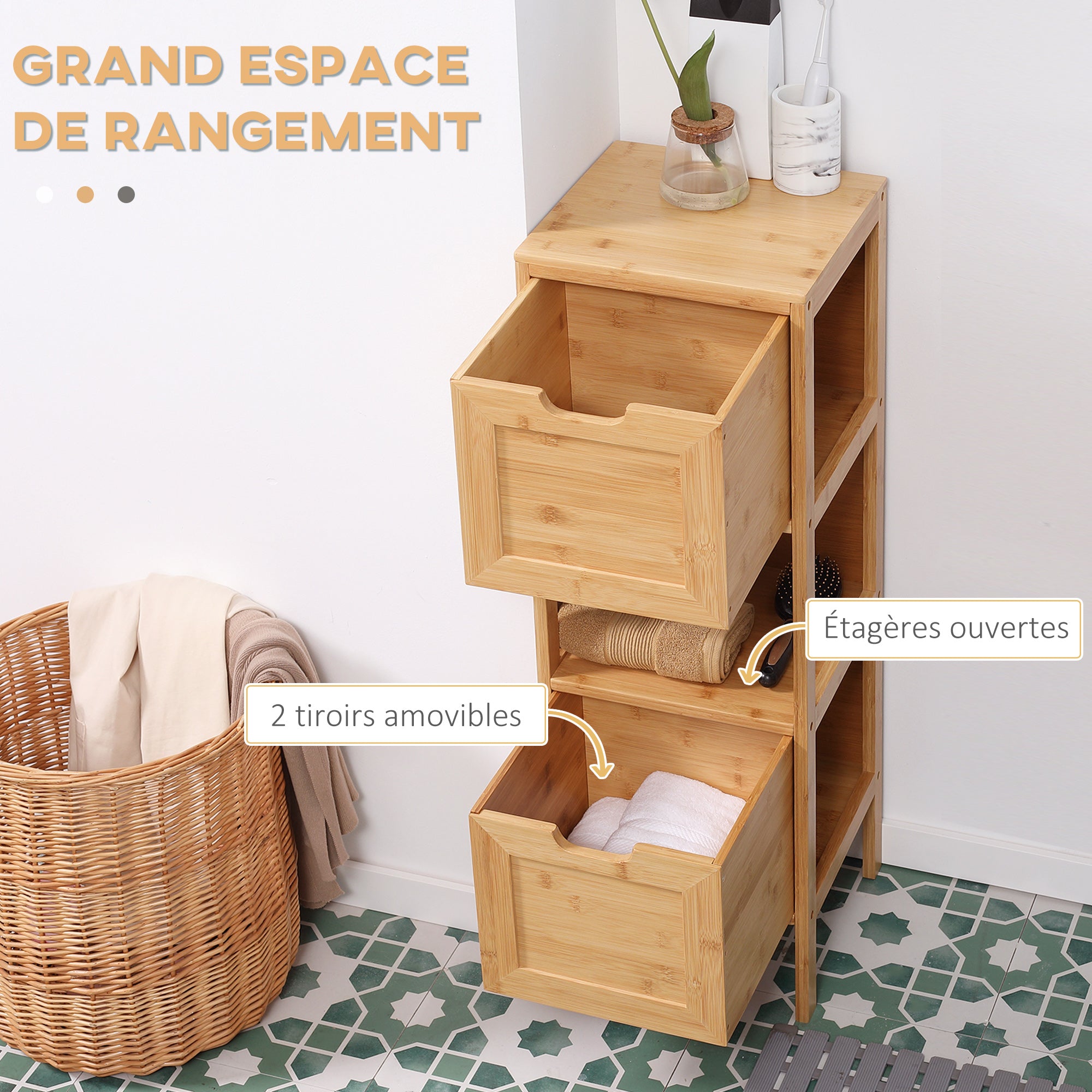 Free-standing bathroom cabinet storage cabinet with bamboo feet 2 removable drawers and 1 shelf - natural design - 30 x 30 x 90 cm natural