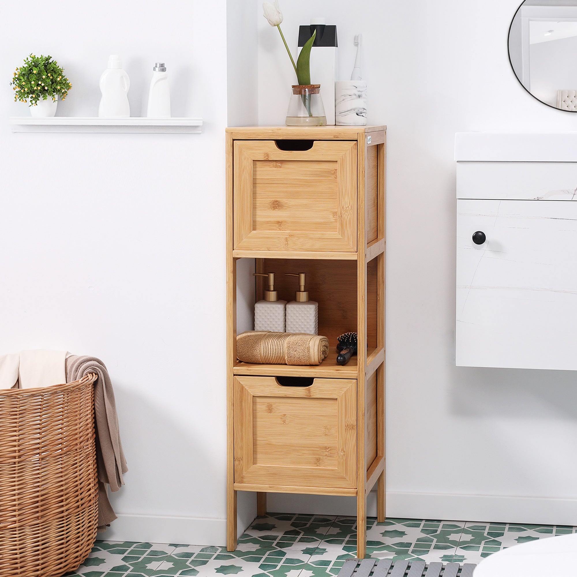 Free-standing bathroom cabinet storage cabinet with bamboo feet 2 removable drawers and 1 shelf - natural design - 30 x 30 x 90 cm natural