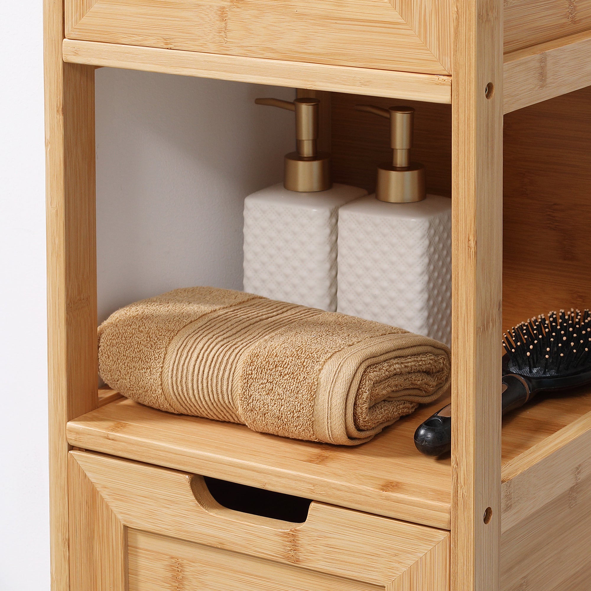Free-standing bathroom cabinet storage cabinet with bamboo feet 2 removable drawers and 1 shelf - natural design - 30 x 30 x 90 cm natural