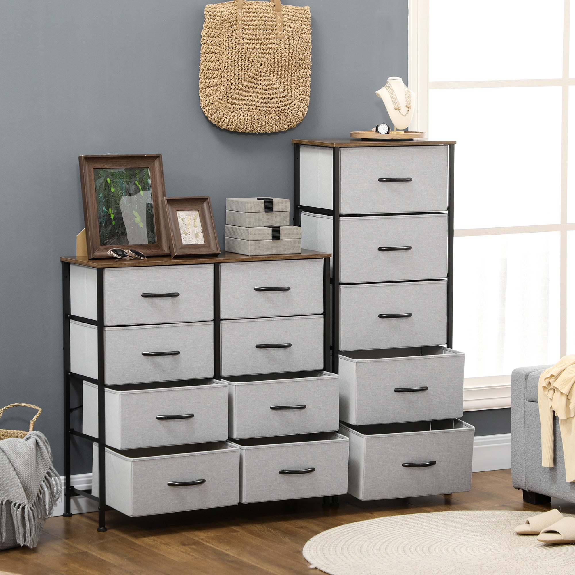 Dresser Sideboard with 5 Foldable Fabric Drawers, Drawer Cabinet with Worktop, Handle, Multi-Purpose Cabinet with Tip-Over Protection, for Living Room Bedroom, Gray