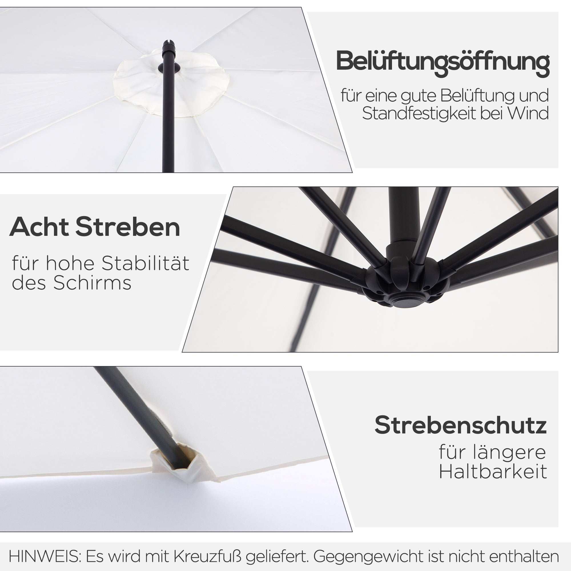 Cantilever Umbrella Ø300 cm tiltable Sunshade with UV Protection Crank Umbrella with Stand, Crank Mechanism, Market Umbrella Patio Umbrella Sun Protection for Balcony Garden Terrace Cream White