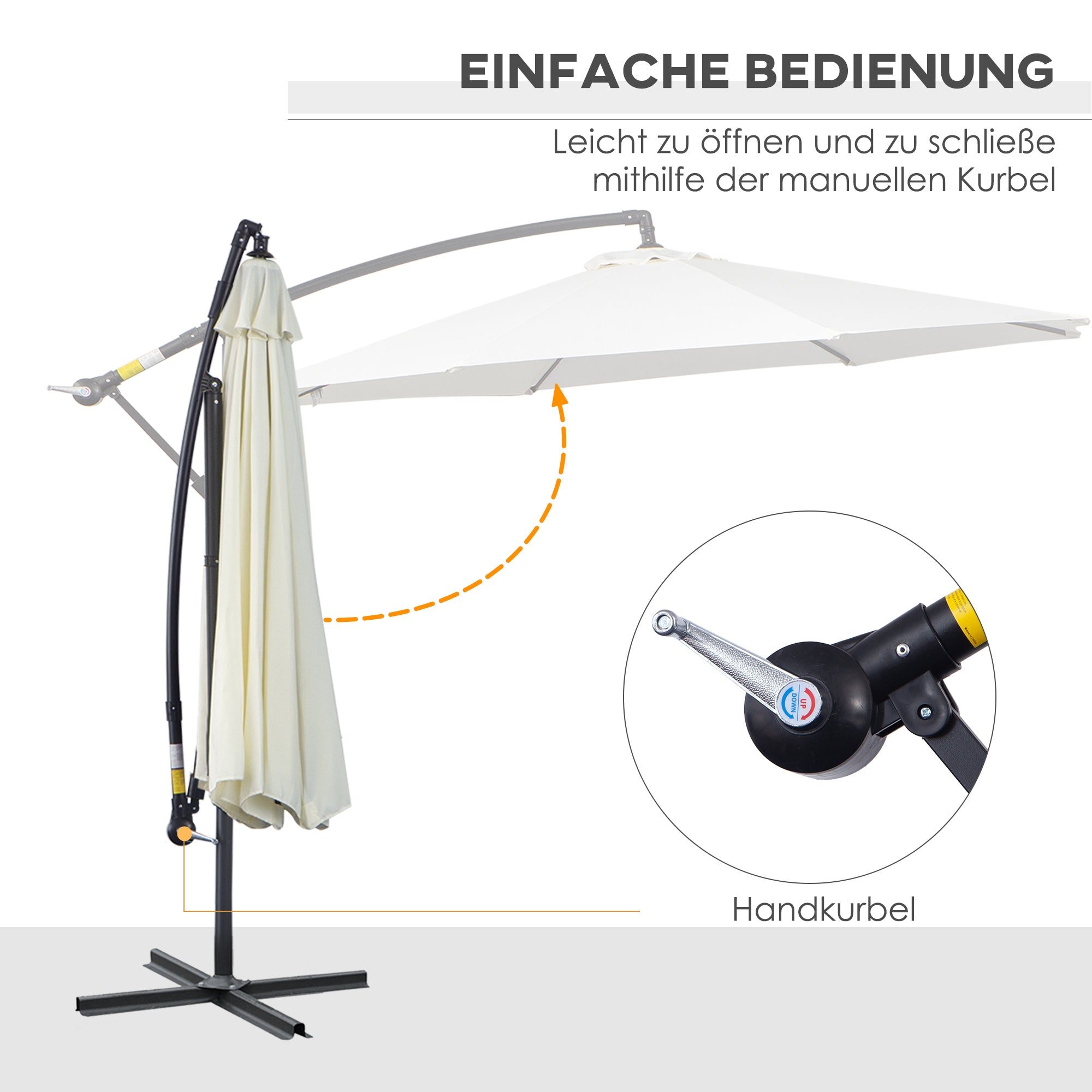 Cantilever Umbrella Ø300 cm tiltable Sunshade with UV Protection Crank Umbrella with Stand, Crank Mechanism, Market Umbrella Patio Umbrella Sun Protection for Balcony Garden Terrace Cream White