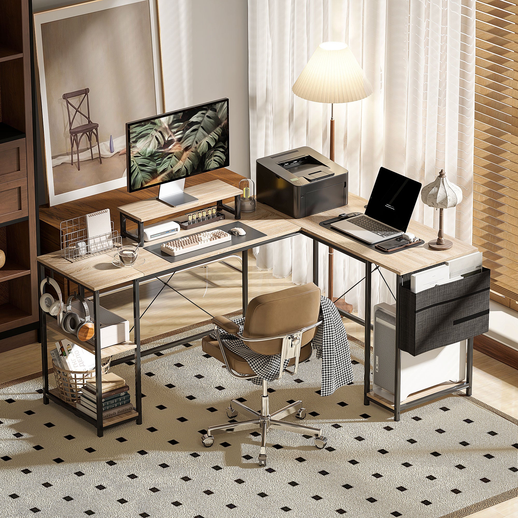 Reversible Modular Corner Desk, Industrial Style 168-240 cm - Adjustable Shelf, Storage Bag, Screen Stand, Computer Desk for 2 People, Natural Wood